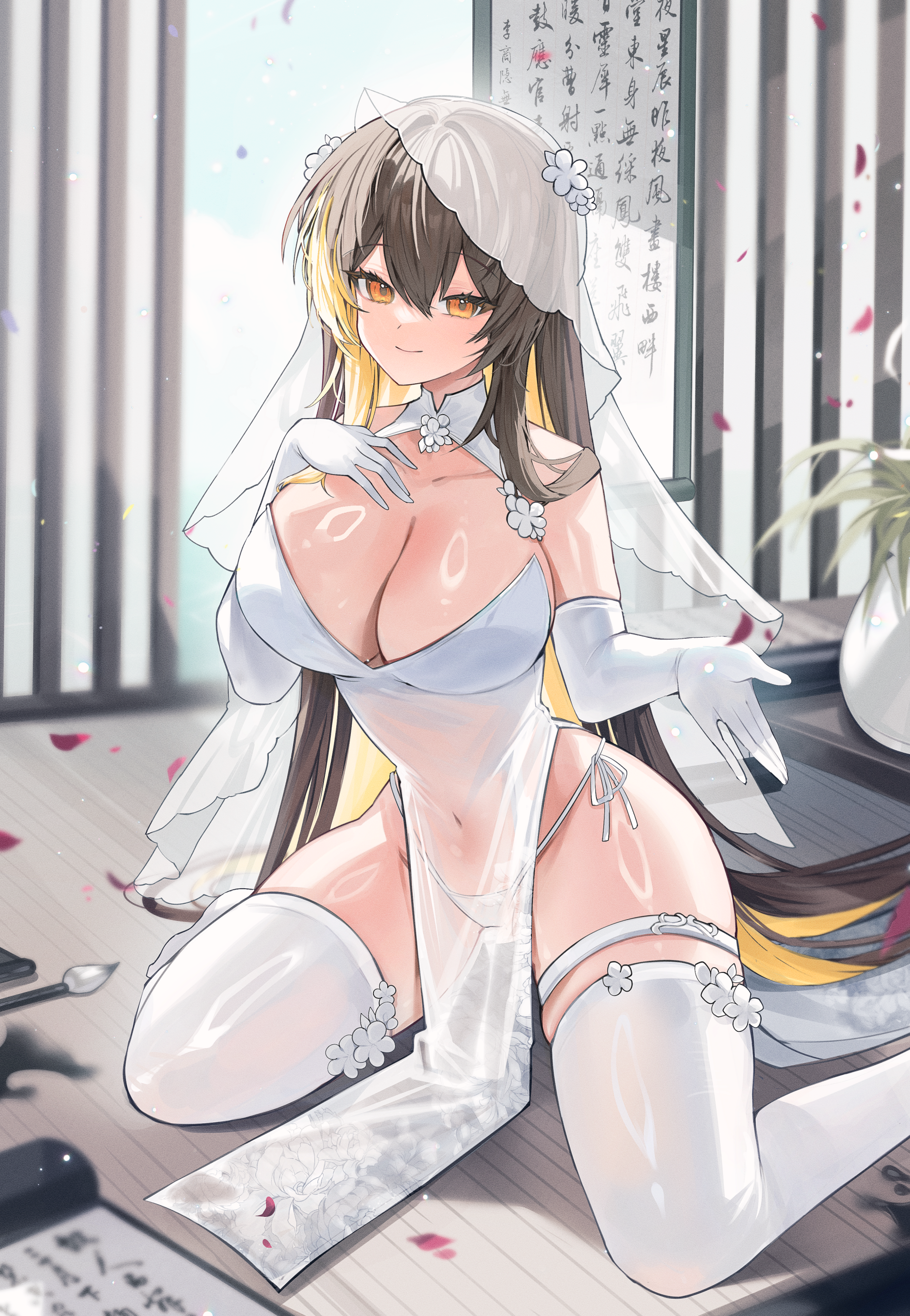 gurami (zangizarang), original, absurdres, highres, 1girl, bare shoulders, black hair, blonde hair, blurry, breasts, bridal veil, china dress, chinese clothes, cleavage, closed mouth, colored inner hair, covered navel, depth of field, dress, elbow gloves, gloves, hand on own chest, indoors, large breasts, long hair, looking at viewer, multicolored hair, orange eyes, paintbrush, panties, pelvic curtain, petals, see-through clothes, see-through dress, see-through pelvic curtain, see-through veil, side-tie panties, sitting, skindentation, sleeveless, sleeveless dress, smile, solo, strapless, string panties, sunlight, thigh strap, thighhighs, thighs, two-tone hair, underwear, veil, very long hair, wariza, white dress, white gloves, white panties, white thighhighs