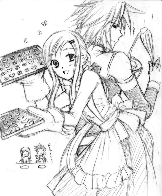 anna irving, colette brunel, kratos aurion, lloyd irving, tales of (series), tales of symphonia, 00s, cookie, cooking, food, monochrome, sketch