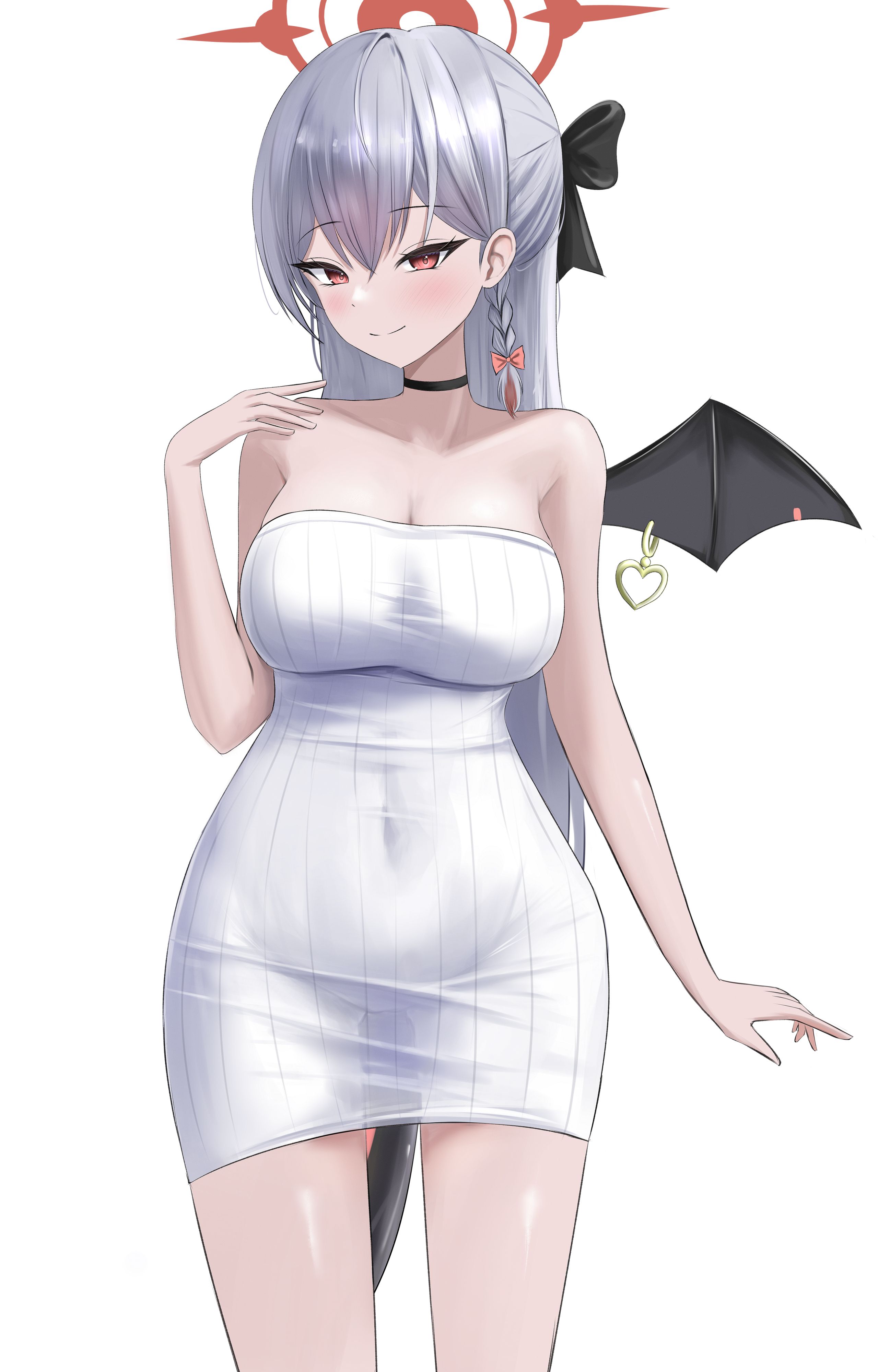 liiigang, haruna (blue archive), blue archive, absurdres, highres, 1girl, alternate costume, alternate hairstyle, black bow, black choker, blush, bow, braid, breasts, choker, cleavage, closed mouth, collarbone, covered groin, cowboy shot, demon girl, demon tail, demon wings, dress, eyelashes, gluteal fold, grey hair, hair between eyes, hair bow, half updo, halo, hand up, large breasts, long hair, looking at viewer, navel, piercing, red bow, red eyes, red halo, ribbed dress, simple background, single braid, single wing, smile, solo, split mouth, straight hair, strapless, strapless dress, sweater, sweater dress, tail, tsurime, very long hair, white background, white dress, white sweater, wing piercing, wings