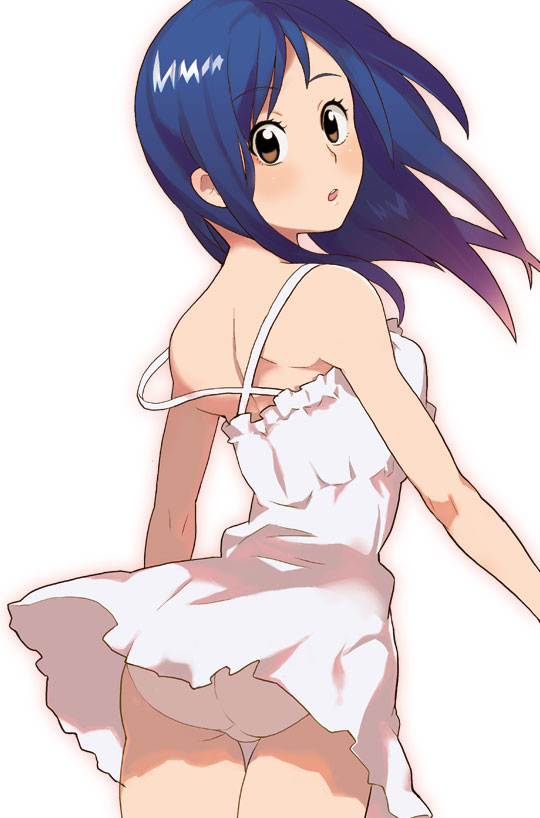 saitou yahu, 1girl, ass, back, bare shoulders, blue hair, blush, brown eyes, dress, female focus, long hair, looking back, panties, pantyshot, skirt, solo, standing, strap slip, thigh gap, thighs, underwear, upskirt, white dress, white panties, white skirt, wind, wind lift