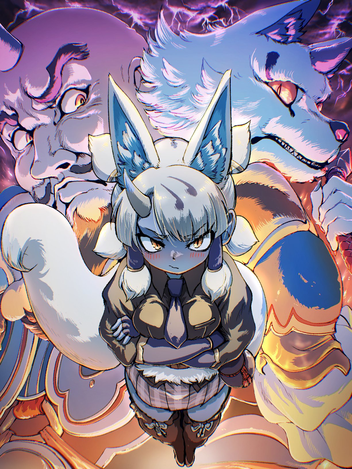 mcgunngu, ginkaku (kemono friends), kemono friends, kemono friends 3, commentary request, highres, 1girl, animal ears, blue horns, blue oni, blue skin, blush, bound tail, brace, breasts, colored skin, extra ears, fingerless gloves, fox, fox ears, fox girl, fox tail, fur-trimmed belt, gloves, gourd, hair between horns, hair tubes, hex tails, horns, looking at viewer, medium breasts, multicolored horns, necktie, oni, quad tails, shirt, short hair, short twintails, single horn, tail, twintails, two-tone horns, white hair, yellow eyes