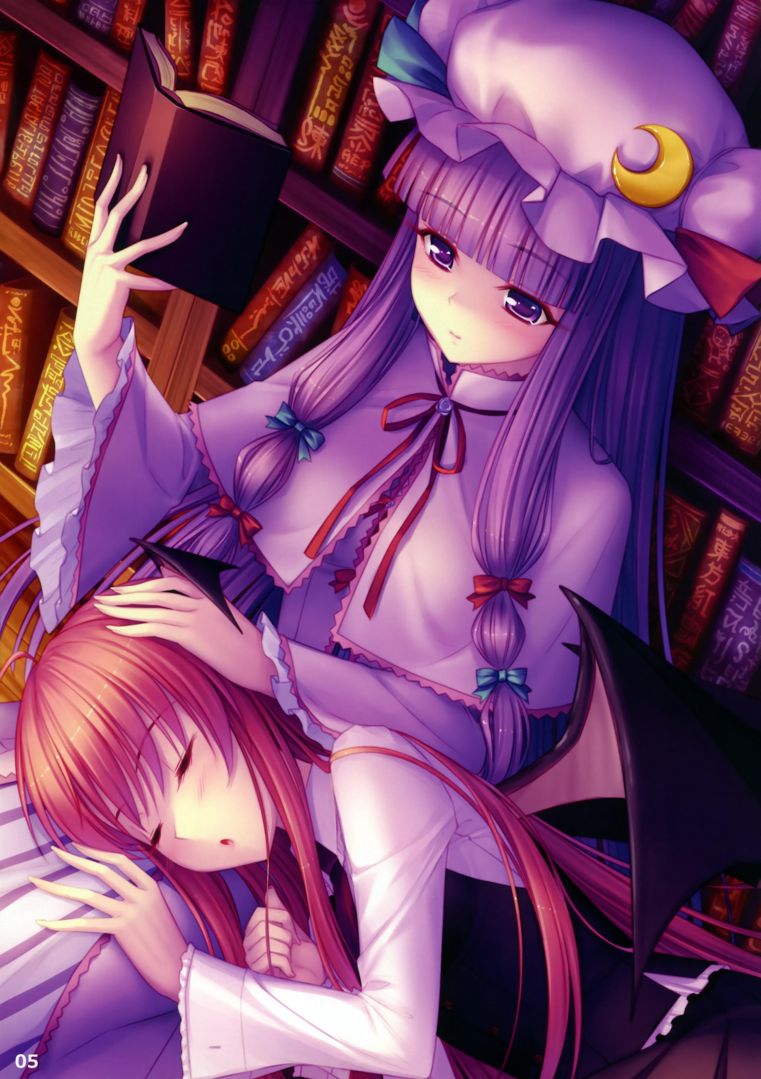 sayori (neko works), koakuma, patchouli knowledge, embodiment of scarlet devil, touhou, absurdres, highres, 2girls, bat wings, blunt bangs, book, bookshelf, closed eyes, crescent, crescent moon, female focus, hair ribbon, hat, head wings, lap pillow, library, moon, multiple girls, open book, purple eyes, purple hair, reading, red hair, ribbon, sitting, sleeping, voile, wings