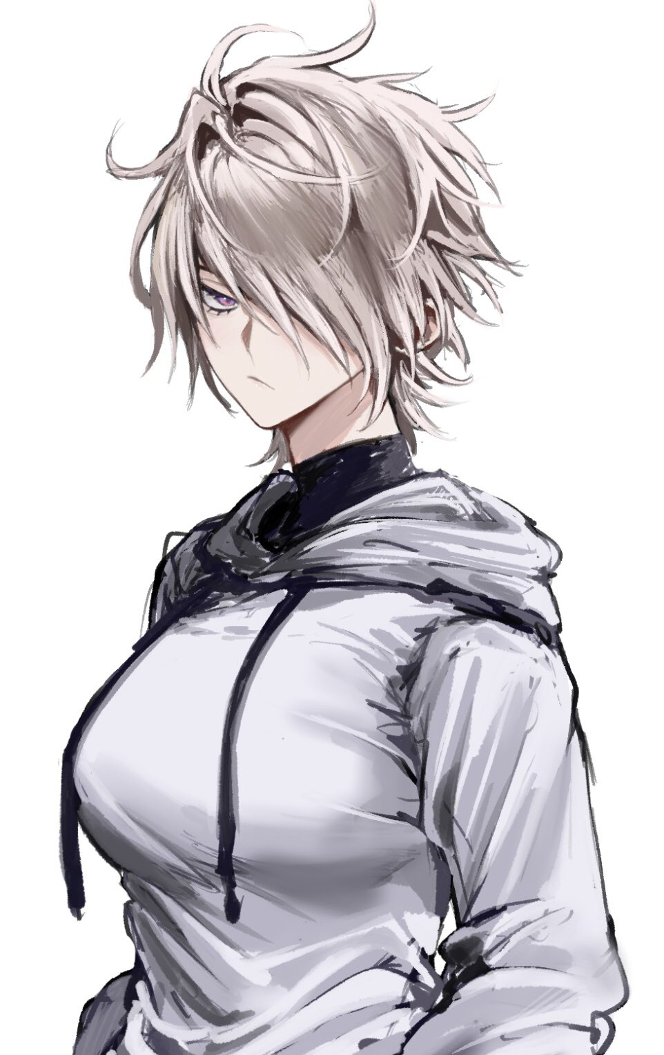 ulularts, original, commentary, highres, symbol-only commentary, 1girl, :/, blonde hair, breasts, hair over one eye, half-closed eyes, hood, hood down, hoodie, large breasts, long sleeves, looking at viewer, purple eyes, reese (ulularts), short hair, simple background, sketch, solo, tomboy, upper body, white background, white hoodie