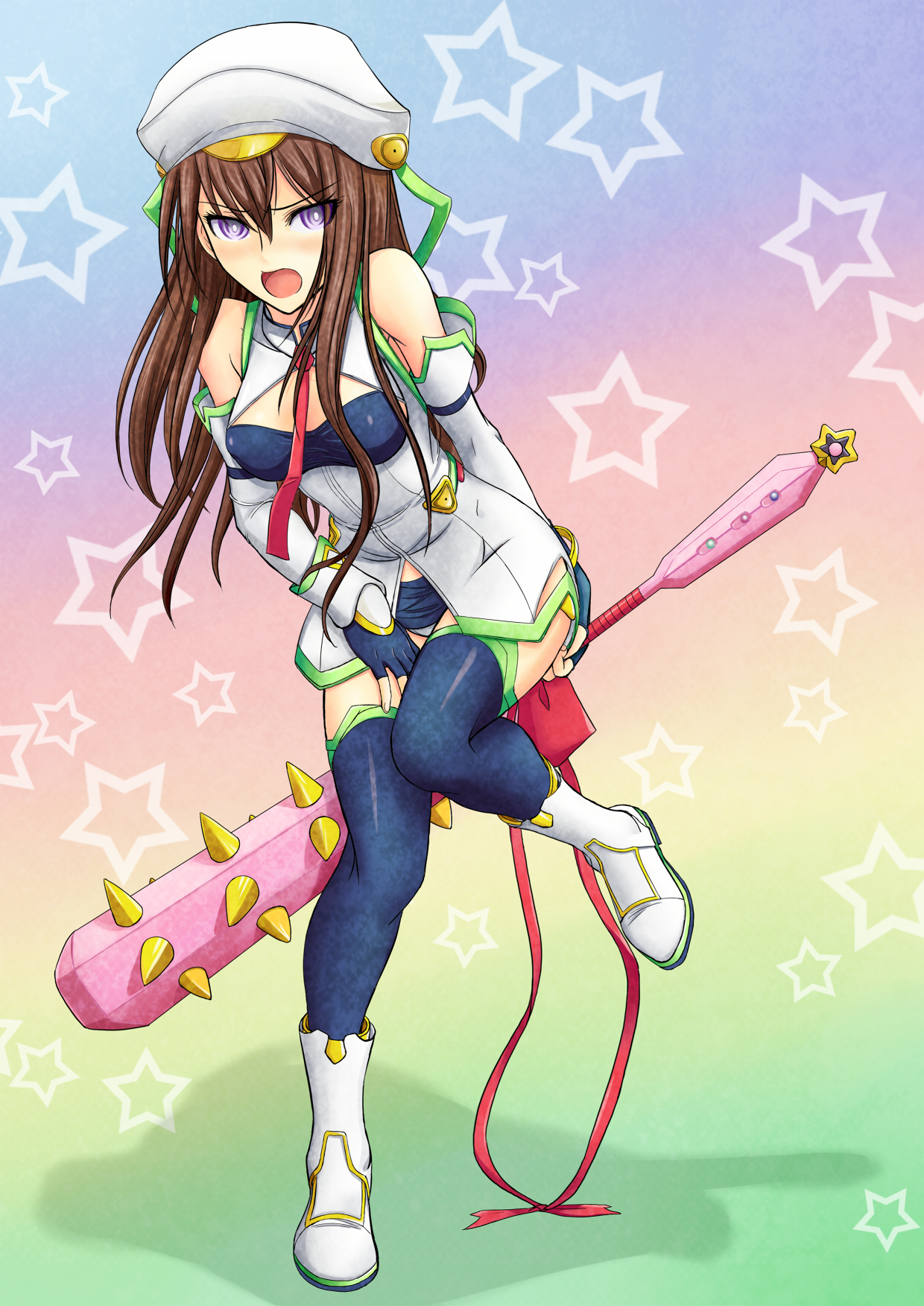 inanaki shiki, makise kurisu, seira orgel, 5pb., blood tune, chaos;head, nitroplus, science adventure, steins;gate, highres, 1girl, club, club (weapon), company connection, cosplay, cute weapon, female focus, hat, kanabou, long hair, panties, seira orgel (cosplay), solo, thighhighs, underwear, weapon