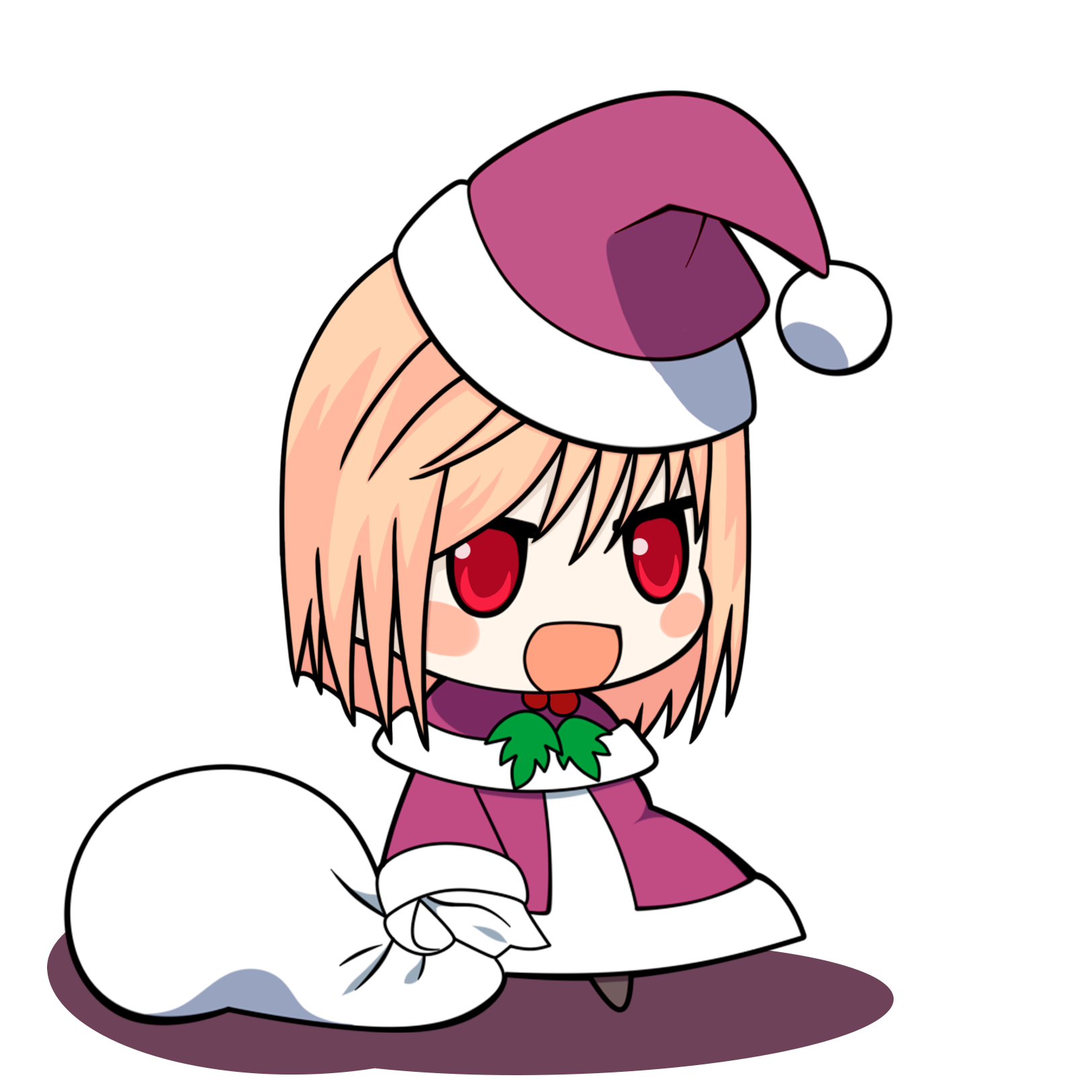 arcueid brunestud, tsukihime, commentary, english commentary, highres, 1girl, :d, agn0s, blonde hair, blush stickers, capelet, chibi, christmas, dress, hair bun, hair intakes, hat, meme, open mouth, padoru (meme), sack, santa costume, santa hat, short hair, single hair bun, smile