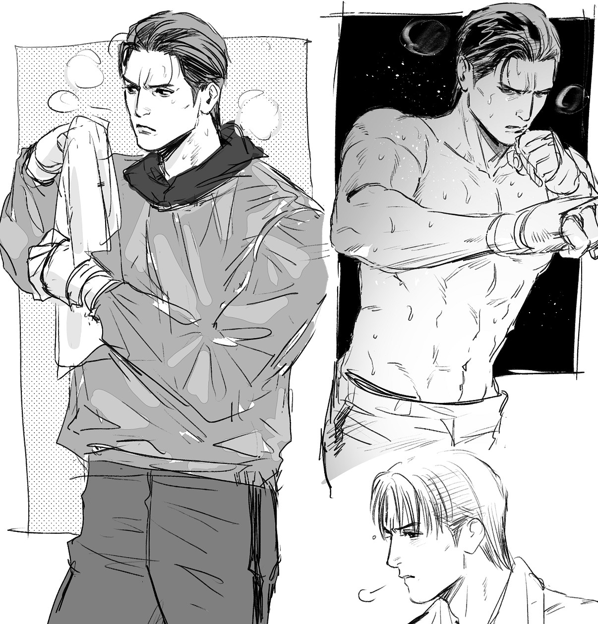 mine yoshitaka, ryuu ga gotoku (series), ryuu ga gotoku 3, commentary request, highres, ahoge, boxing, breath, exercising, greyscale, gym uniform, hair down, hair slicked back, hand wraps, male focus, monochrome, multiple views, muscular, muscular male, pants, parted bangs, sketch, sweat, topless male, towel, towel around neck, track pants, tyag53, wiping hands