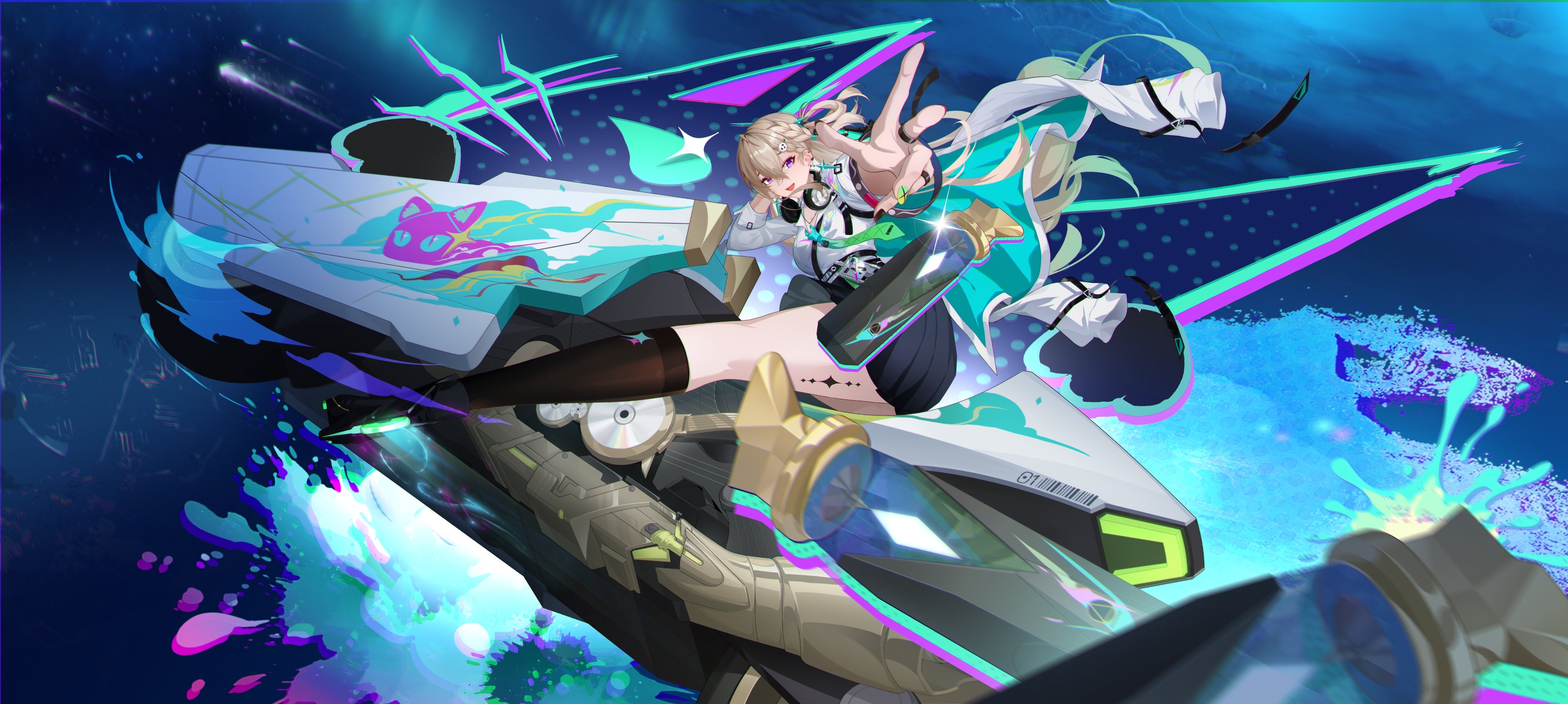 lynae (wuthering waves), wuthering waves, absurdres, chinese commentary, commentary request, highres, partial commentary, 1girl, a p jiang, aqua necktie, aurora, black skirt, black socks, blonde hair, breasts, colorful background, hair between eyes, long hair, looking at viewer, medium breasts, motor vehicle, motorcycle, necktie, open mouth, purple eyes, shirt, skirt, smile, socks, solo, spray can, tacet mark (wuthering waves), white shirt