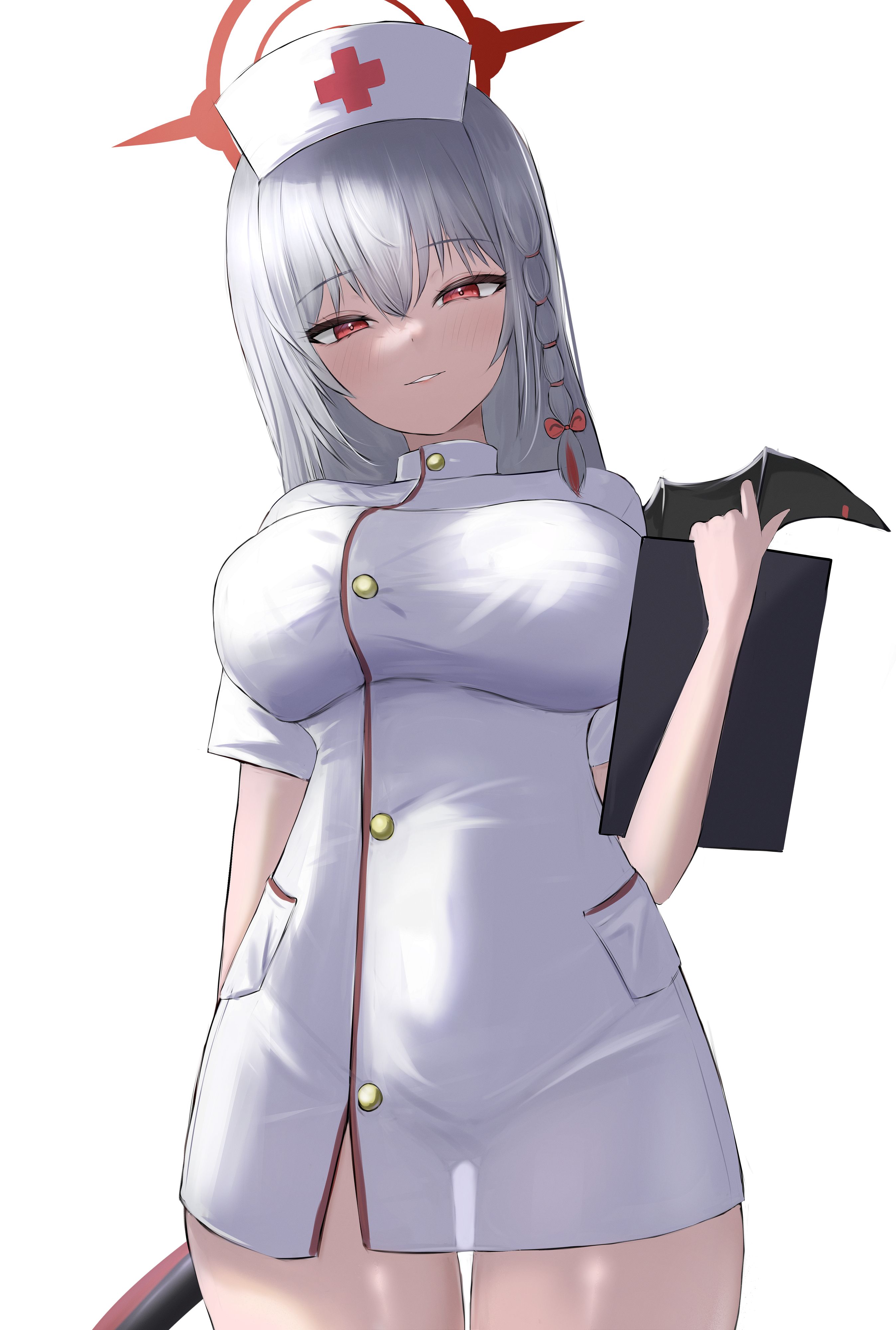 liiigang, haruna (blue archive), blue archive, absurdres, highres, 1girl, alternate costume, arm behind back, blush, bow, braid, breasts, buttons, covered groin, cowboy shot, demon girl, demon tail, demon wings, dress, eyelashes, grey hair, hair bow, halo, hand up, hat, holding, holding notepad, impossible clothes, impossible dress, large breasts, long hair, looking at viewer, naughty face, notepad, nurse, nurse cap, parted lips, red bow, red eyes, red halo, short dress, short sleeves, sidelighting, simple background, single braid, single wing, smile, solo, straight hair, tail, thigh gap, tsurime, white background, white dress, wings