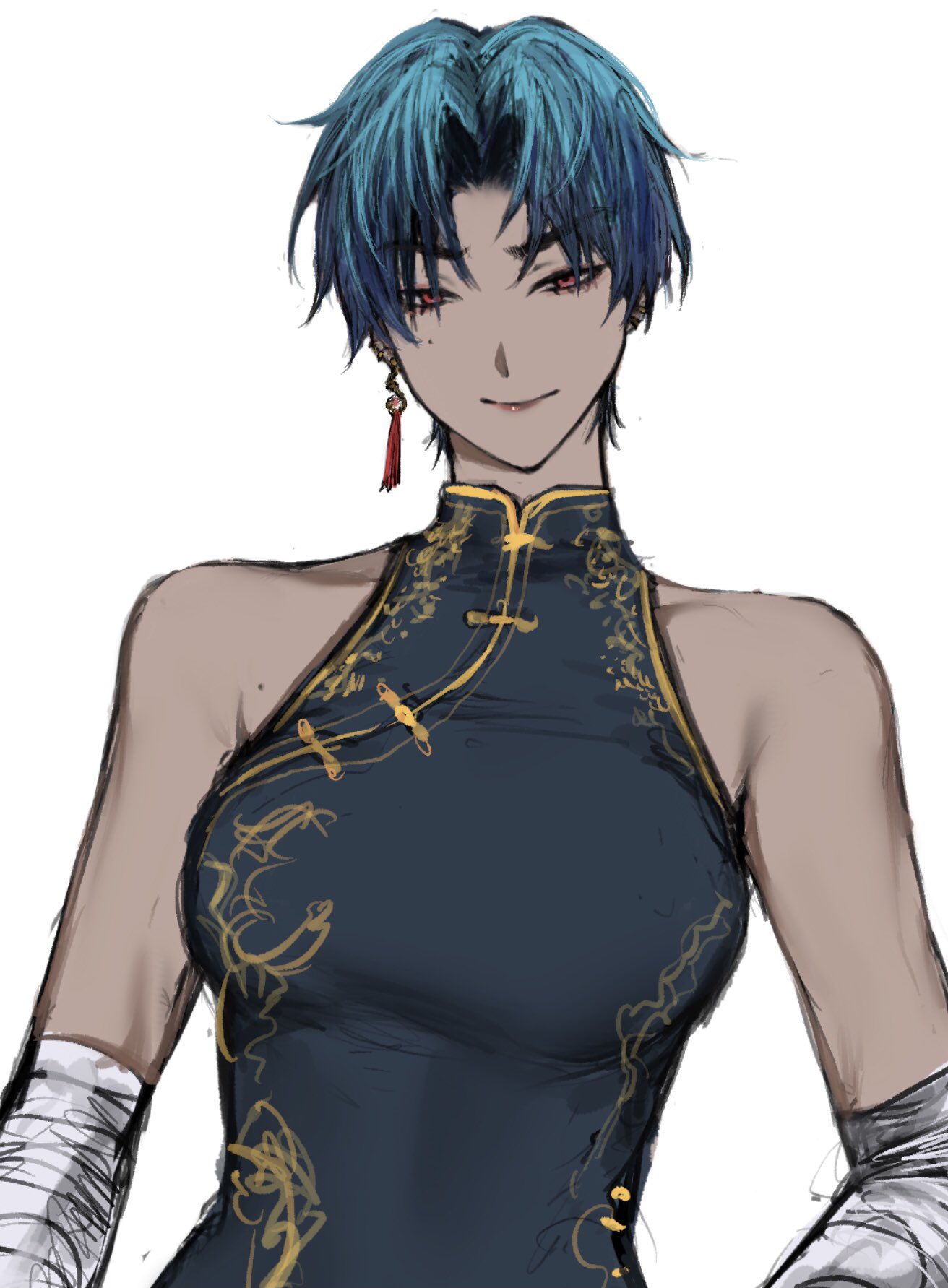 ulularts, original, commentary, highres, symbol-only commentary, 1girl, bandaged arm, bandages, bare shoulders, blue hair, breasts, china dress, chinese clothes, closed mouth, dark-skinned female, dark skin, dress, earrings, grey dress, jewelry, looking at viewer, mole, mole under eye, parted bangs, red eyes, short hair, simple background, single earring, sketch, sleeveless, sleeveless dress, small breasts, smile, solo, tassel, tassel earrings, tsurime, upper body, white background