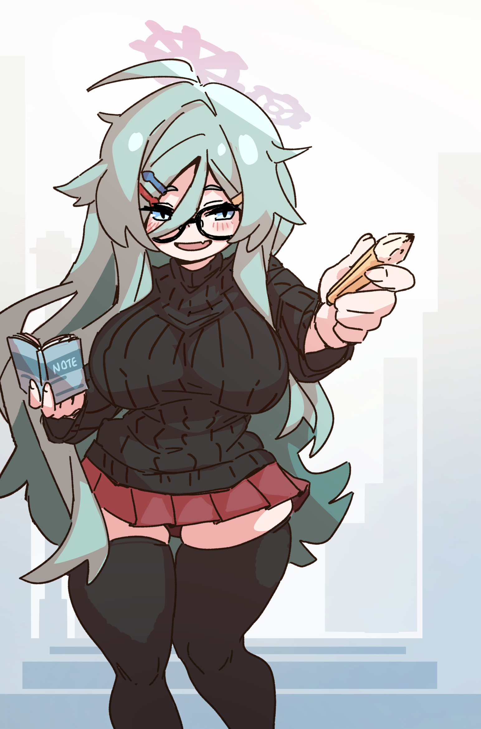 mabufuyo, meru (blue archive), blue archive, 1girl, ahoge, alternate breast size (larger), black sweater, black thighhighs, blush, book, breasts, glasses, hair between eyes, hair ornament, hairclip, halo, huge breasts, long hair, messy hair, pencil, pink halo, red skirt, skirt, smile, solo, sweater, thick thighs, thighhighs, thighs, turtleneck, turtleneck sweater, very long hair, wide hips