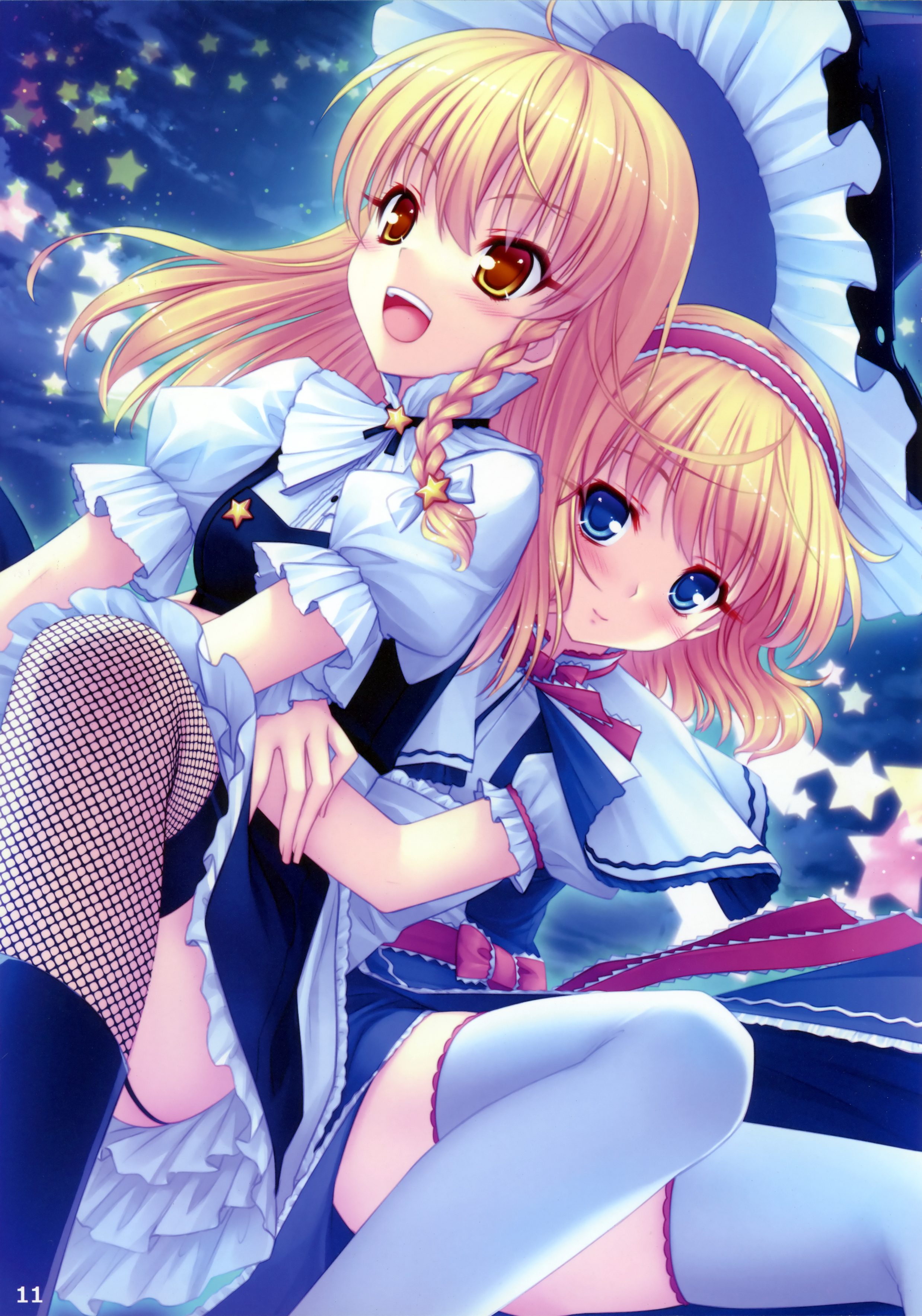 sayori (neko works), alice margatroid, kirisame marisa, touhou, fishnet legwear, absurdres, highres, 2girls, blonde hair, blue eyes, braid, female focus, fishnets, frills, garter straps, hairband, happy, hat, hug, long hair, multiple girls, night, short hair, sky, star (sky), star (symbol), starry sky, thighhighs, white thighhighs, witch, witch hat, yellow eyes