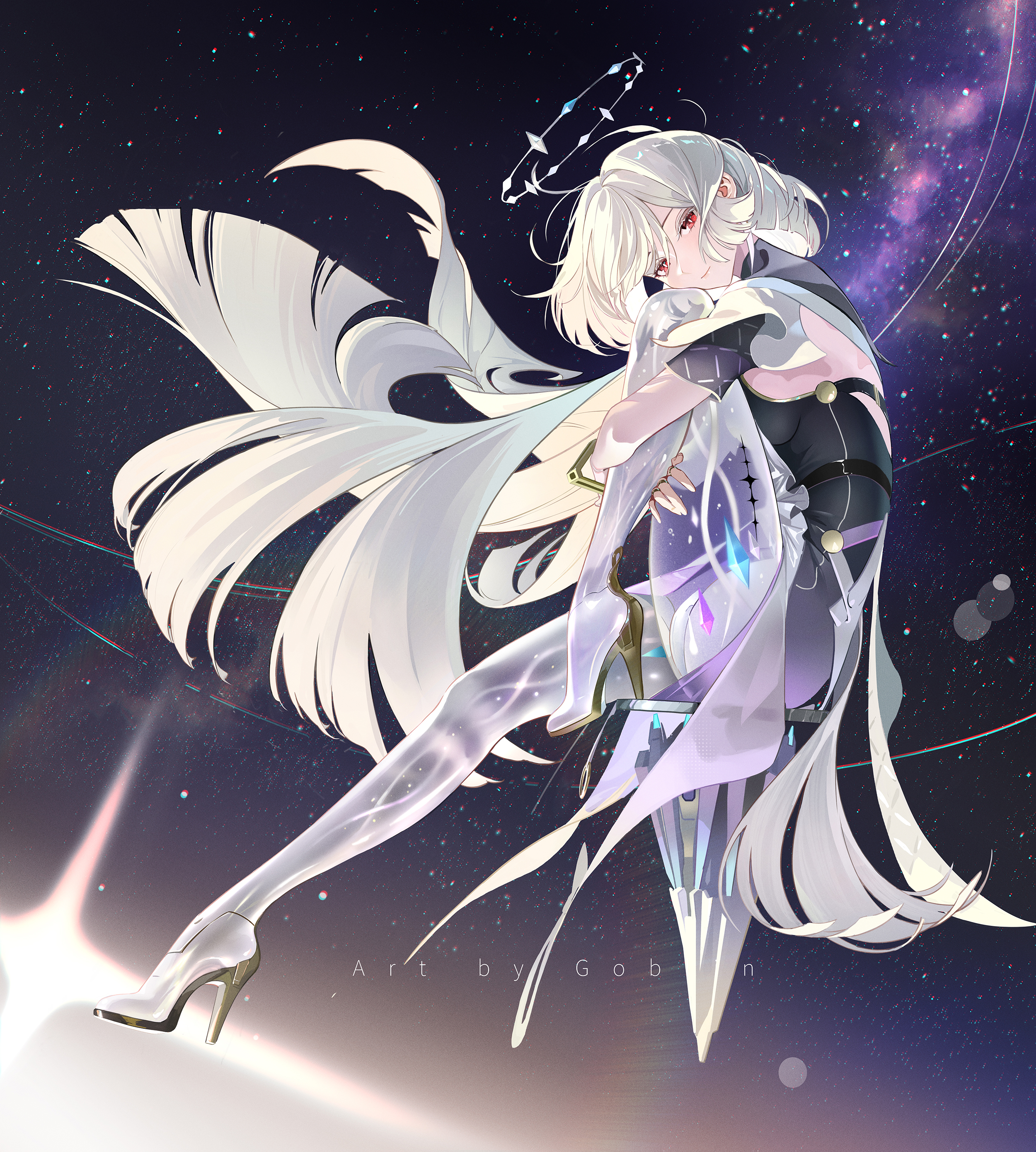 mr goblin, mornye (wuthering waves), wuthering waves, absurdres, commentary, english commentary, highres, 1girl, artist name, breasts, chromatic aberration, closed mouth, colored eyelashes, dress, from side, full body, gradient clothes, gradient dress, grey hair, halo, high heels, jacket, knee up, long hair, looking to the side, medium breasts, panties, purple dress, red eyes, see-through body, sitting, sky, solo, space, star (sky), starry sky, tacet mark (wuthering waves), turning head, underwear, white jacket, white panties