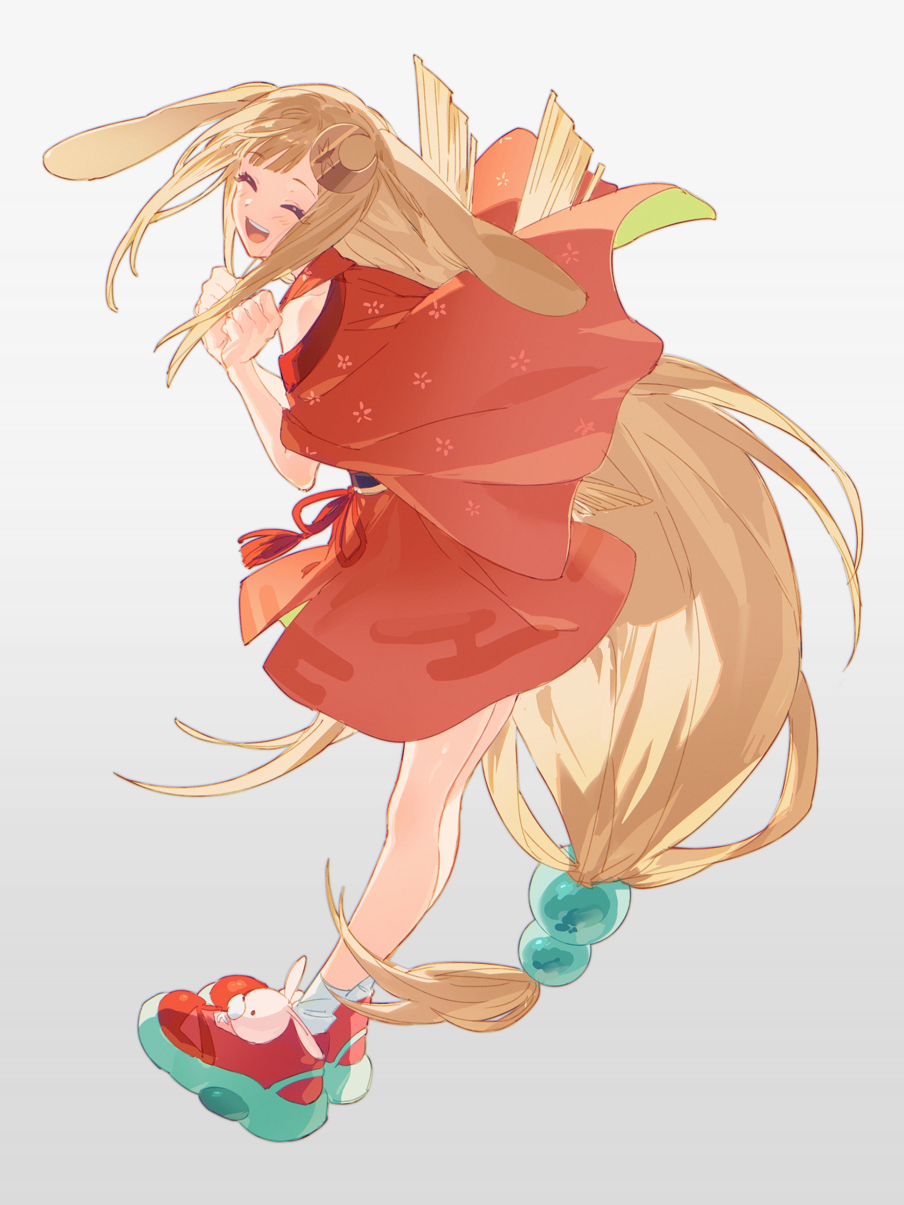 fua1heyvot4ifsr, kaguya (chou kaguya-hime!), chou kaguya-hime!, absurdres, commentary, highres, 1girl, :d, ^ ^, animal ears, brown hair, closed eyes, crescent, crescent hair ornament, egasumi, floppy ears, full body, gradient background, hair ornament, japanese clothes, kimono, long hair, open mouth, rabbit ears, rabbit girl, red kimono, shoes, short kimono, simple background, smile, sneakers, socks, solo, sphere hair ornament, teeth, upper teeth only, very long hair, white socks