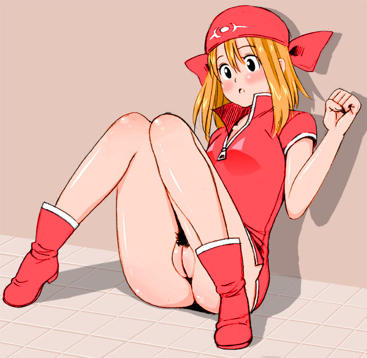 drain, 1girl, bandana, black eyes, blush, boots, bottomless, breasts, fat mons, female focus, female pubic hair, knees together feet apart, long hair, mismatched pubic hair, no panties, on floor, open mouth, orange hair, pubic hair, pussy, sitting, small breasts, solo, tile floor, tiles, uncensored, upskirt