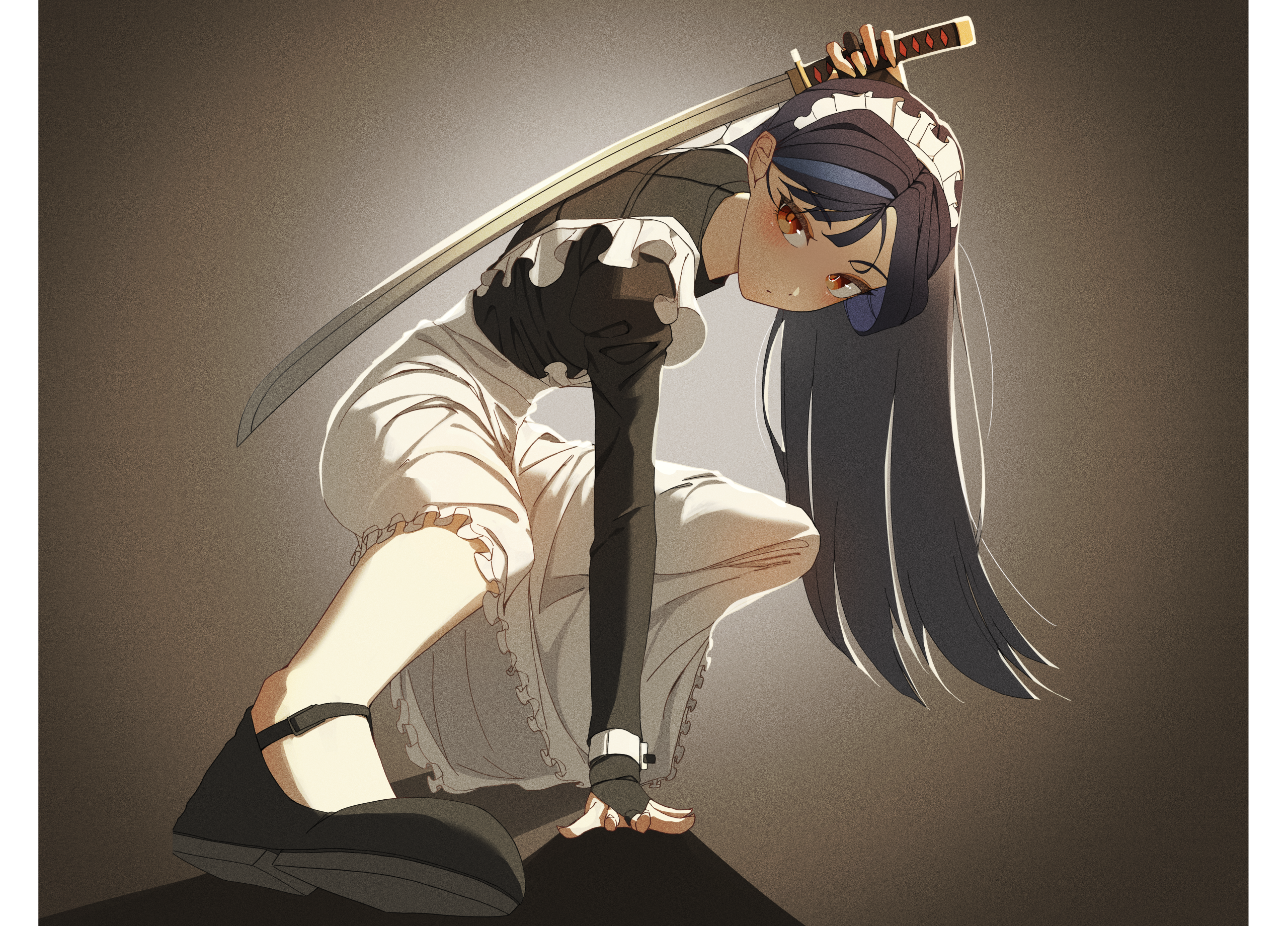 greeen 891, lilpa, waktaverse, highres, 1girl, alternate costume, apron, arm support, arm up, black dress, black hair, black shirt, black shoes, blue hair, border, bridal gauntlets, brown eyes, closed mouth, dress, enmaided, fingerless gloves, foreshortening, frilled apron, frills, full body, gloves, hand on floor, hand on ground, holding, holding sword, holding weapon, juliet sleeves, katana, long hair, long sleeves, looking at viewer, looking to the side, maid, maid apron, maid headdress, mary janes, multicolored hair, orange eyes, outstretched leg, over shoulder, puffy sleeves, red eyes, shadow, shirt, shoes, solo, squatting, sword, virtual youtuber, weapon, weapon over shoulder, white apron, white border