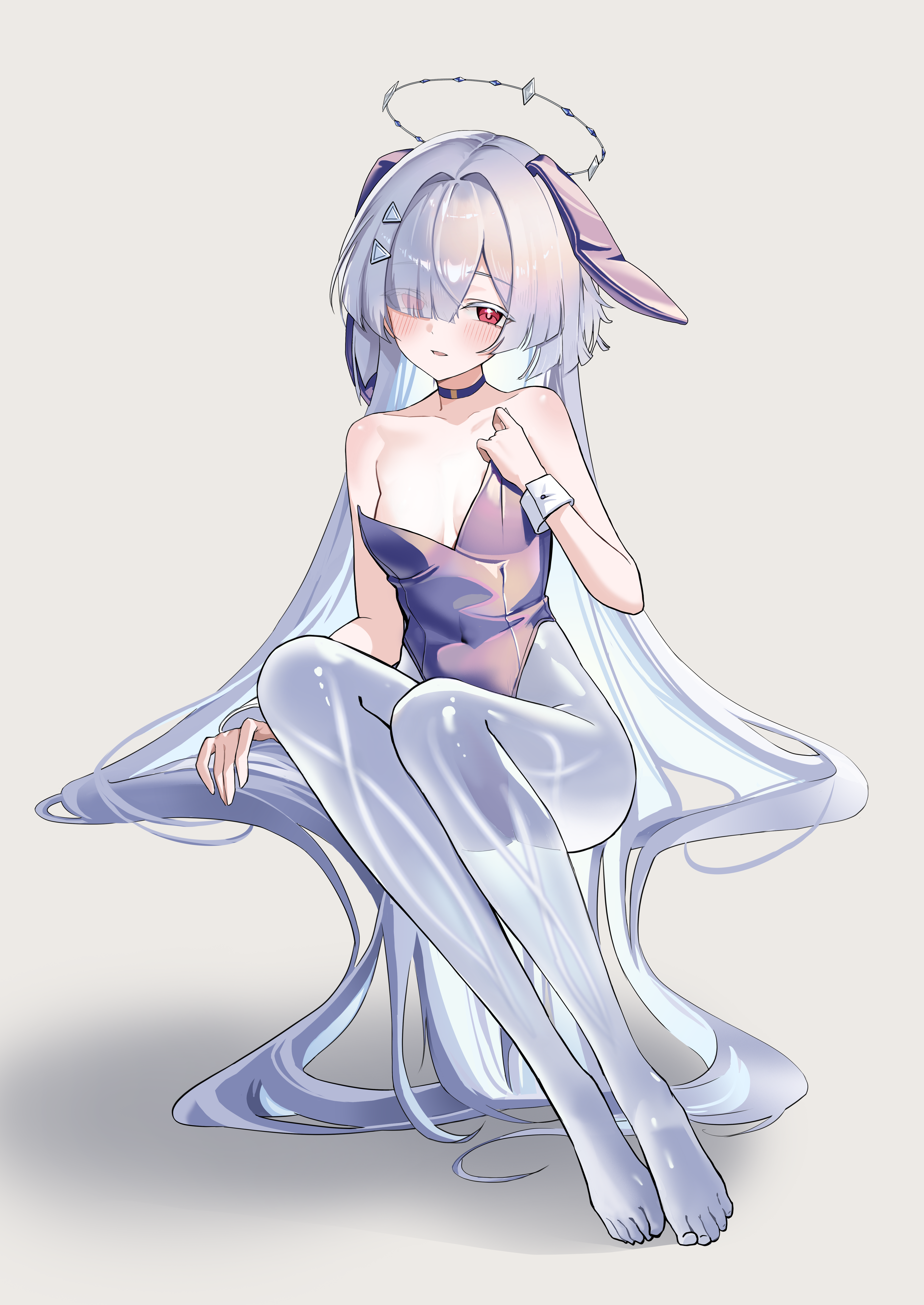 chuvi y, mornye (wuthering waves), wuthering waves, absurdres, commentary, highres, symbol-only commentary, 1girl, animal ears, bare shoulders, barefoot, breasts, choker, cleavage, collarbone, colored eyelashes, covered navel, droopy ears, eyes visible through hair, fake animal ears, feet, full body, grey background, grey hair, hair intakes, hair ornament, hair over one eye, halo, invisible chair, leotard, long hair, purple choker, purple leotard, rabbit ears, red eyes, see-through body, simple background, sitting, small breasts, solo, strapless, strapless leotard, toes, very long hair
