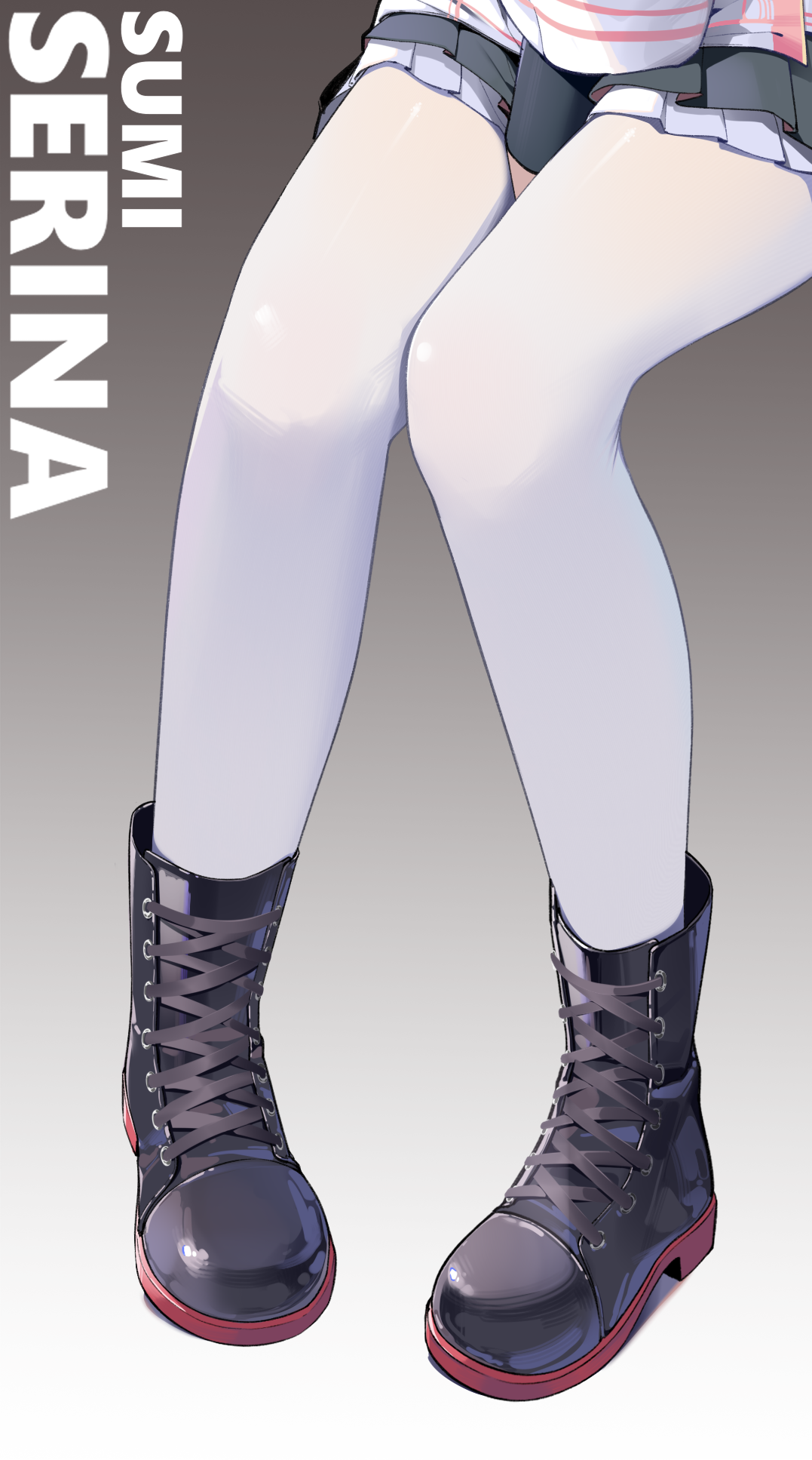 painterliuhao, serina (blue archive), blue archive, chinese commentary, commentary request, highres, 1girl, between legs, black boots, black skirt, boots, character name, frilled skirt, frills, hand between legs, legs, lower body, miniskirt, pantyhose, pleated skirt, sitting, skirt, solo, white pantyhose