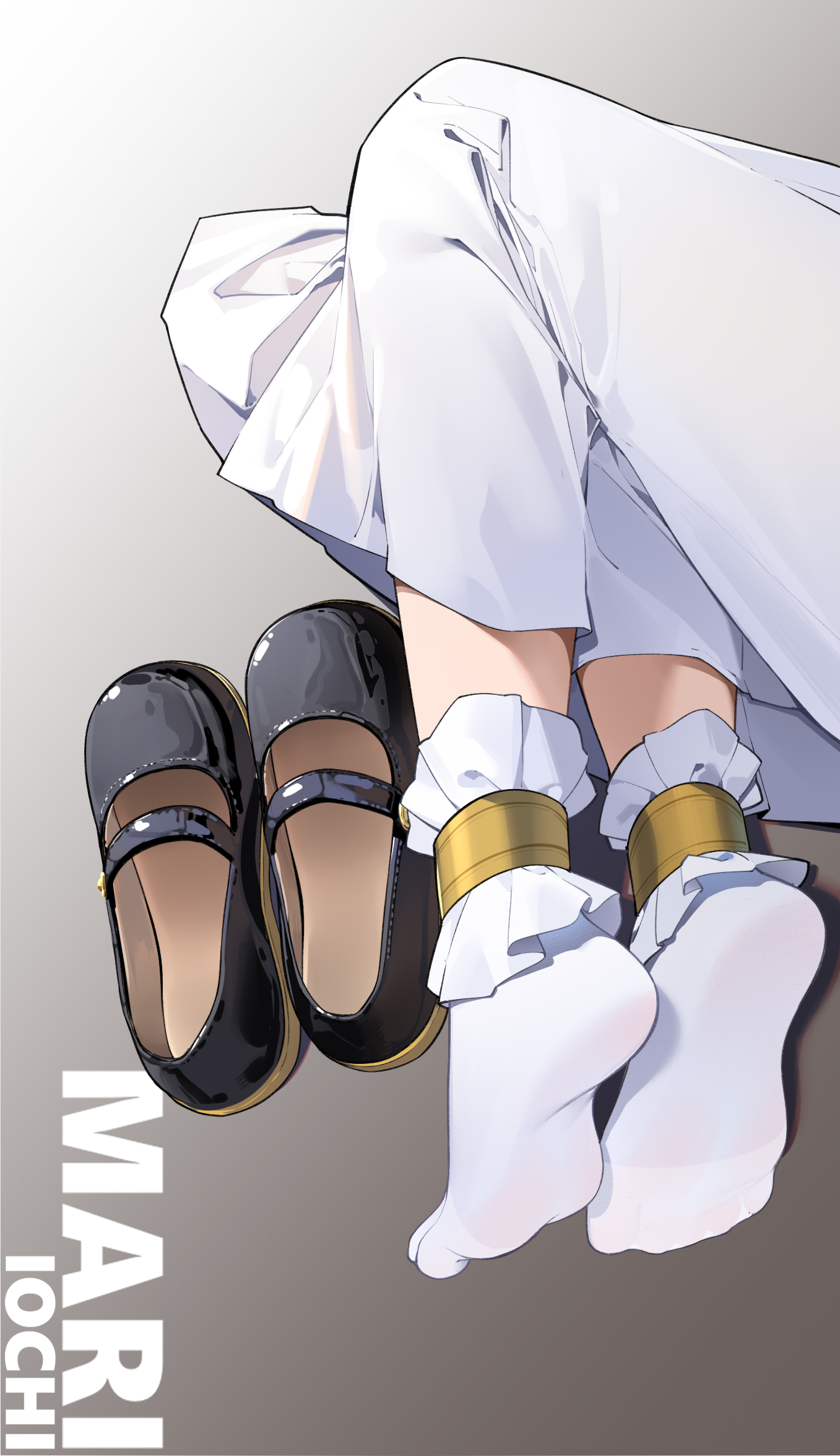 painterliuhao, mari (blue archive), blue archive, chinese commentary, commentary request, highres, 1girl, black shoes, bobby socks, character name, dress, feet, foot focus, lower body, mary janes, no shoes, shoes, socks, soles, solo, unworn shoes, white dress, white socks