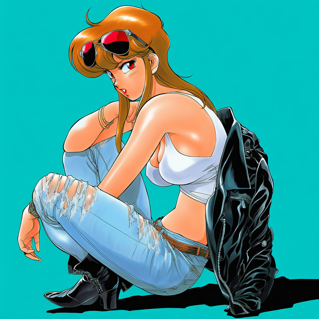 sonoda ken'ichi, priscilla asagiri, bubblegum crisis, 1990s (style), 1girl, boots, bracelet, breasts, brown hair, cleavage, denim, jacket, jeans, jewelry, leather, leather jacket, looking at viewer, navel, pants, red eyes, retro artstyle, sideboob, sitting, sunglasses, sunglasses on head, tank top, torn clothes, torn pants