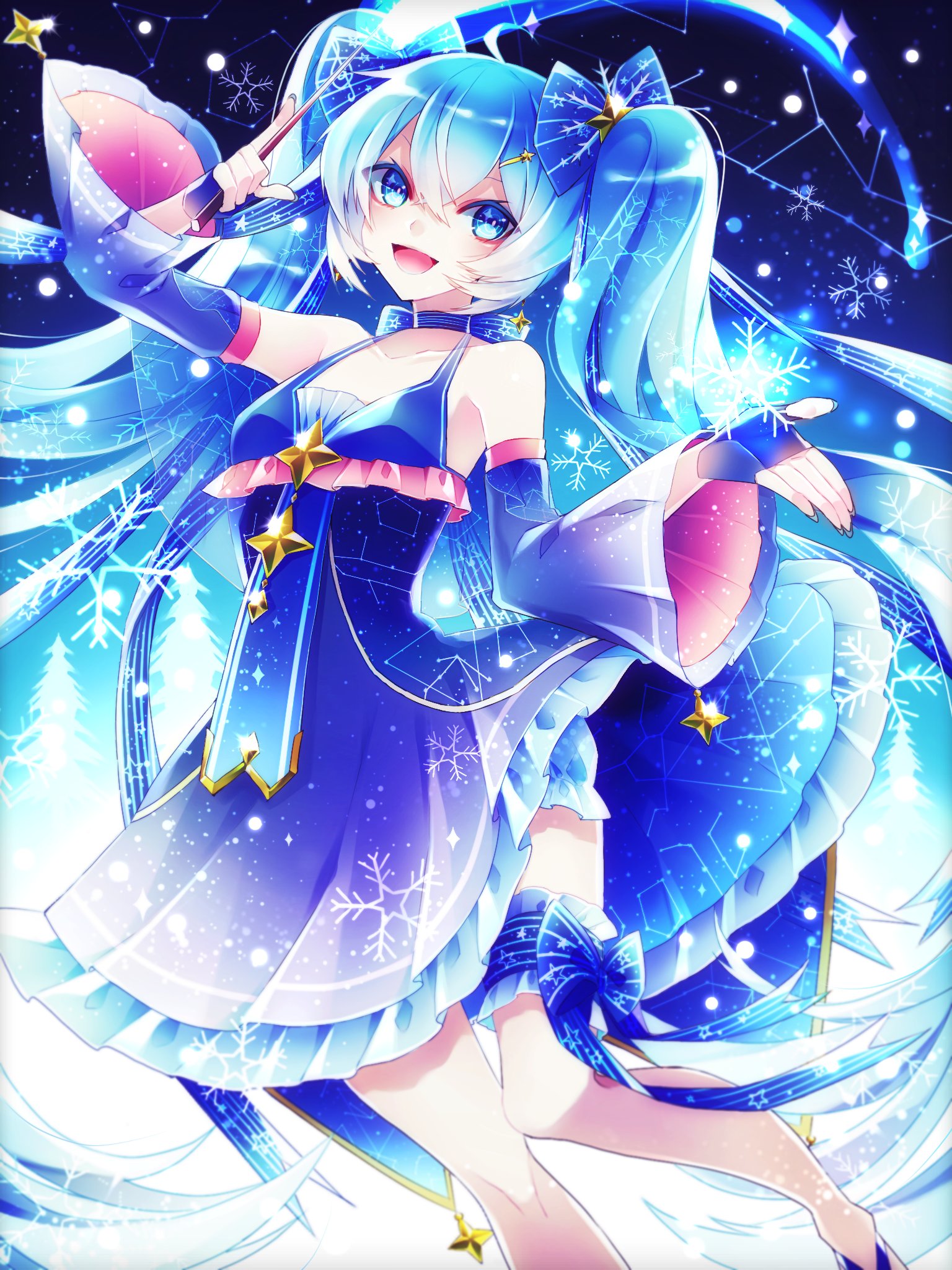 1055, hatsune miku, yuki miku, yuki miku (2017), vocaloid, commentary request, highres, 1girl, :d, ahoge, aqua nails, auriga (constellation), bare shoulders, blue dress, blue eyes, blue hair, blush, bow, breasts, collarbone, constellation, constellation print, dress, fingernails, frilled thigh strap, gemini (constellation), hair between eyes, hair bow, hair ornament, holding, holding wand, long hair, long sleeves, looking at viewer, monoceros (constellation), nail polish, official alternate costume, official alternate hairstyle, open mouth, orion (constellation), sky, sleeveless, sleeveless dress, small breasts, smile, solo, star (symbol), star hair ornament, thigh strap, twintails, wand, wide sleeves