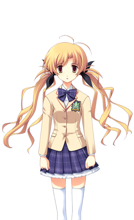 matsuo yukihiro, orihara kozue, chaos;head, science adventure, game cg, non-web source, official art, 1girl, antenna hair, black bow, blazer, blonde hair, bow, bowtie, breasts, brown eyes, brown jacket, collared shirt, dress shirt, empty eyes, expressionless, hair bow, jacket, looking at viewer, miniskirt, open mouth, petticoat, plaid bow, plaid bowtie, plaid clothes, plaid skirt, purple bow, purple bowtie, school uniform, shirt, skirt, small breasts, solo, sprite, suimei academy school uniform, thighhighs, transparent background, twintails, white shirt, white thighhighs, winter uniform, zettai ryouiki