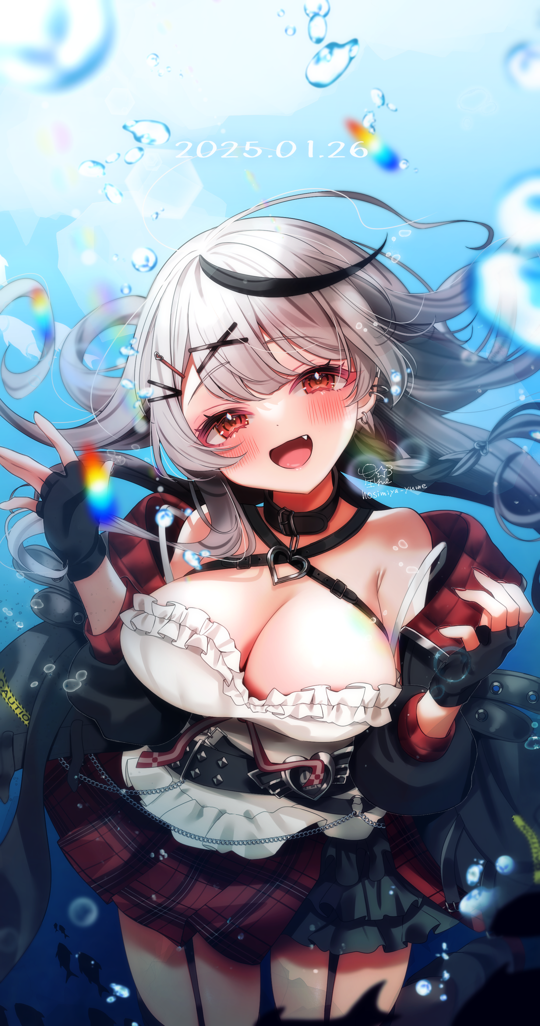 hosimiya yume, sakamata chloe, sakamata chloe (1st costume), hololive, absurdres, commentary request, highres, black collar, black garter straps, black gloves, black jacket, black streaks, black thighhighs, breasts, camisole, cleavage, collar, fingerless gloves, garter straps, gloves, grey hair, hair ornament, hairpin, jacket, large breasts, medium hair, open mouth, red eyes, smile, solo, thighhighs, virtual youtuber, white camisole, x hair ornament