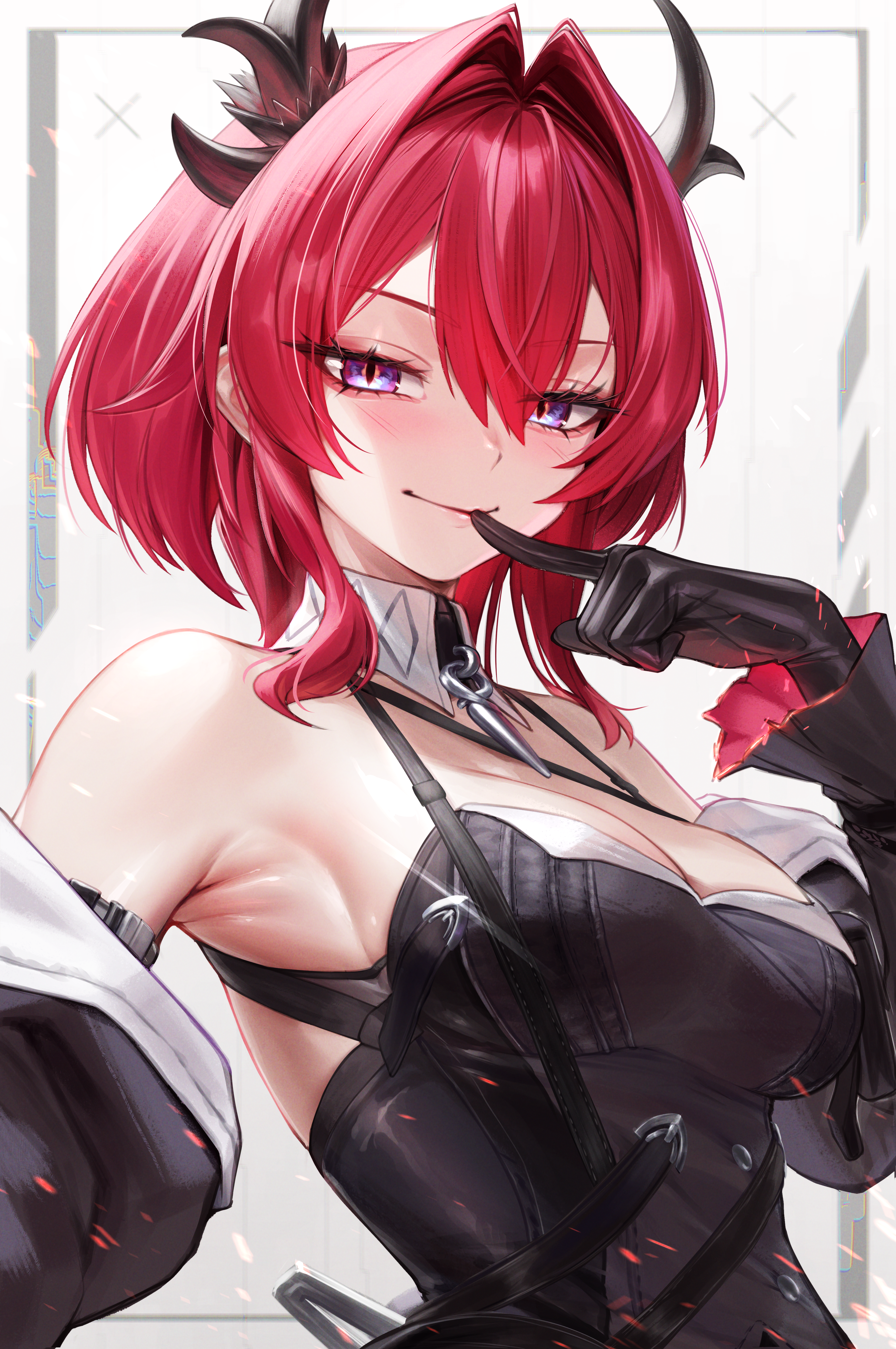 padoruu, surtr (arknights), arknights, arknights: endfield, absurdres, commentary, english commentary, highres, mixed-language commentary, 1girl, bare shoulders, black gloves, black horns, blush, breasts, closed mouth, detached collar, gloves, horns, laevatain (arknights), large breasts, long sleeves, looking at viewer, purple eyes, red eyes, smile, solo, upper body