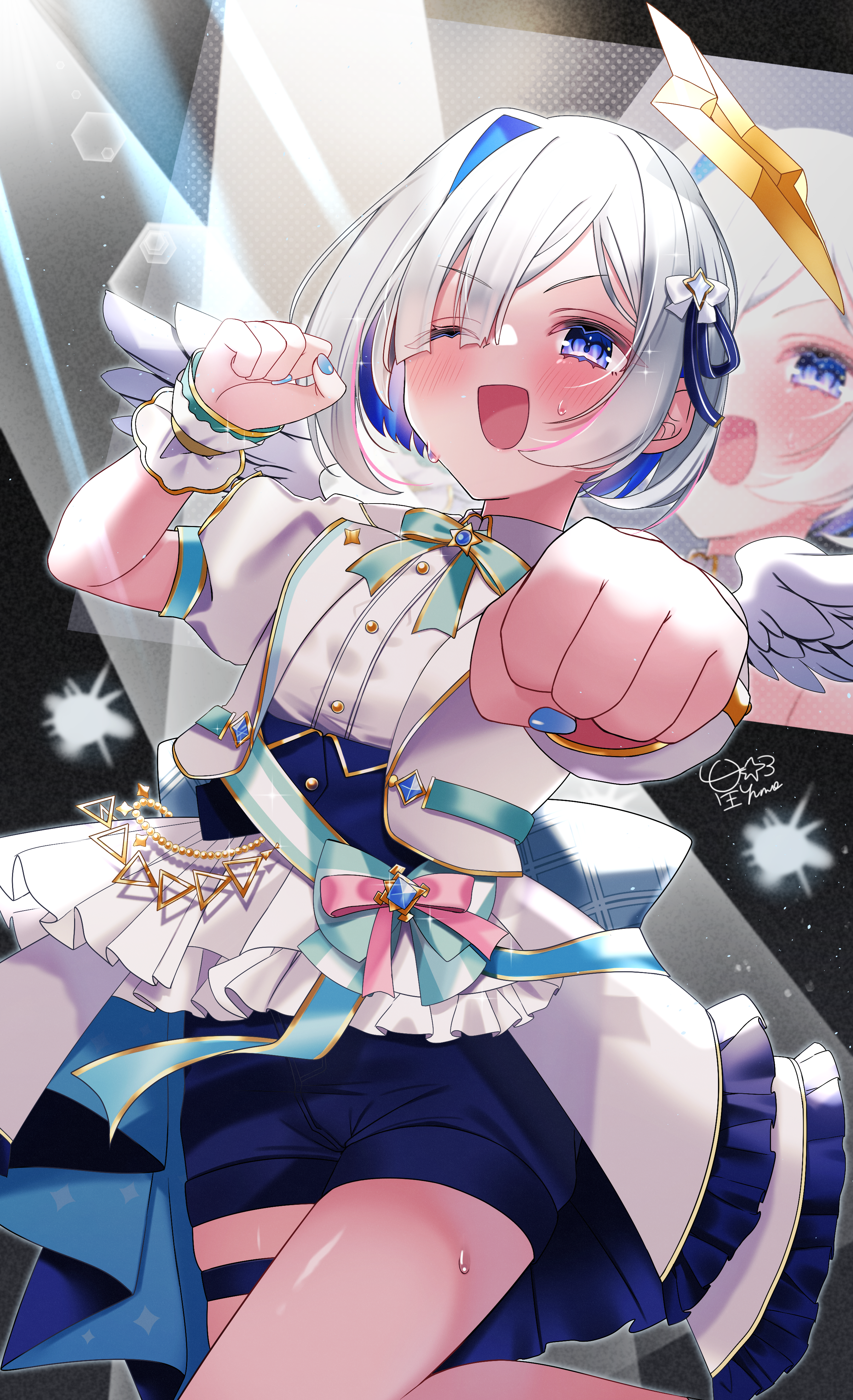 hosimiya yume, amane kanata, hololive, absurdres, commentary request, highres, 1girl, angel, angel wings, blue hair, blue nails, blue shorts, grey hair, hair intakes, halo, hololive idol uniform (bright), jacket, looking at viewer, nail polish, official alternate costume, one eye closed, shirt, shorts, smile, solo, star halo, thigh strap, virtual youtuber, white jacket, white shirt, wings