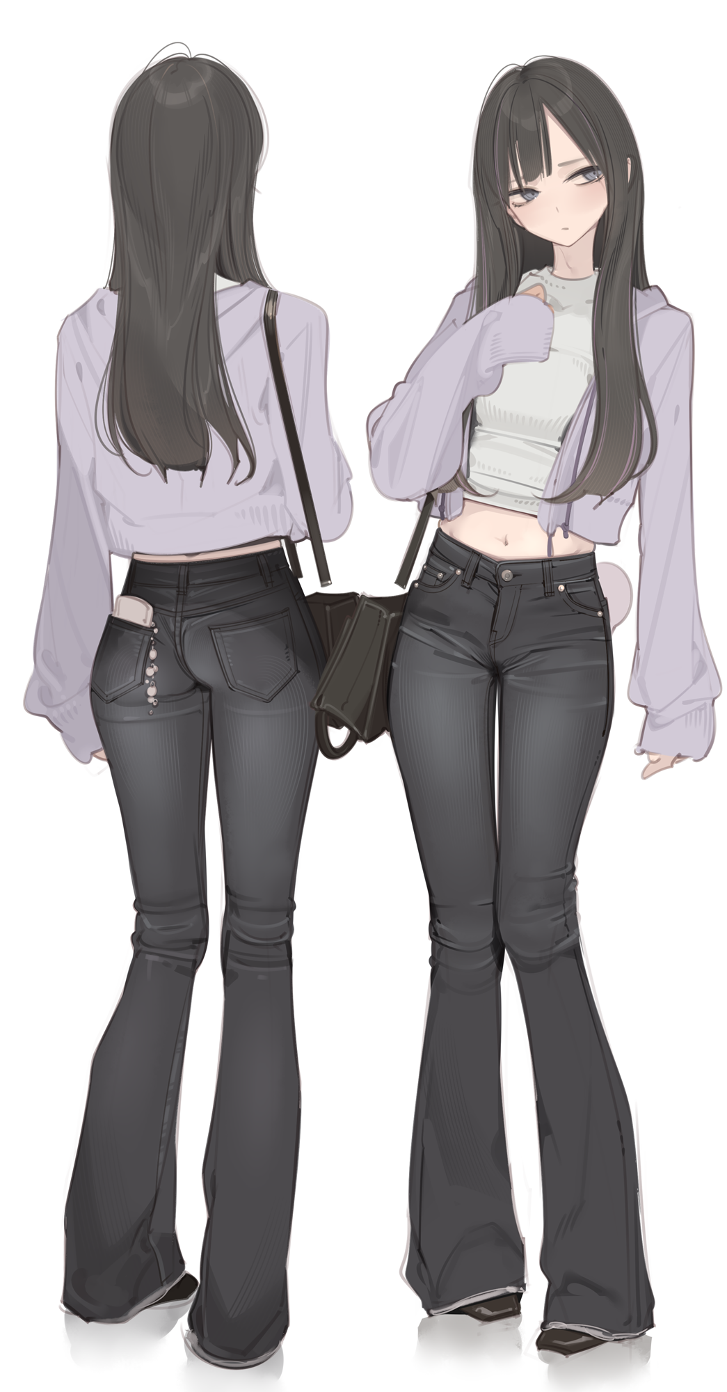 ama mitsuki, original, commentary request, highres, 1girl, ass, bag, black bag, black hair, black pants, blue eyes, blunt bangs, blush, closed mouth, crop top, denim, elbow carry, full body, handbag, jacket, jeans, long hair, long sleeves, navel, pants, shirt, shoulder bag, simple background, sleeves past wrists, solo, standing, white background, white shirt
