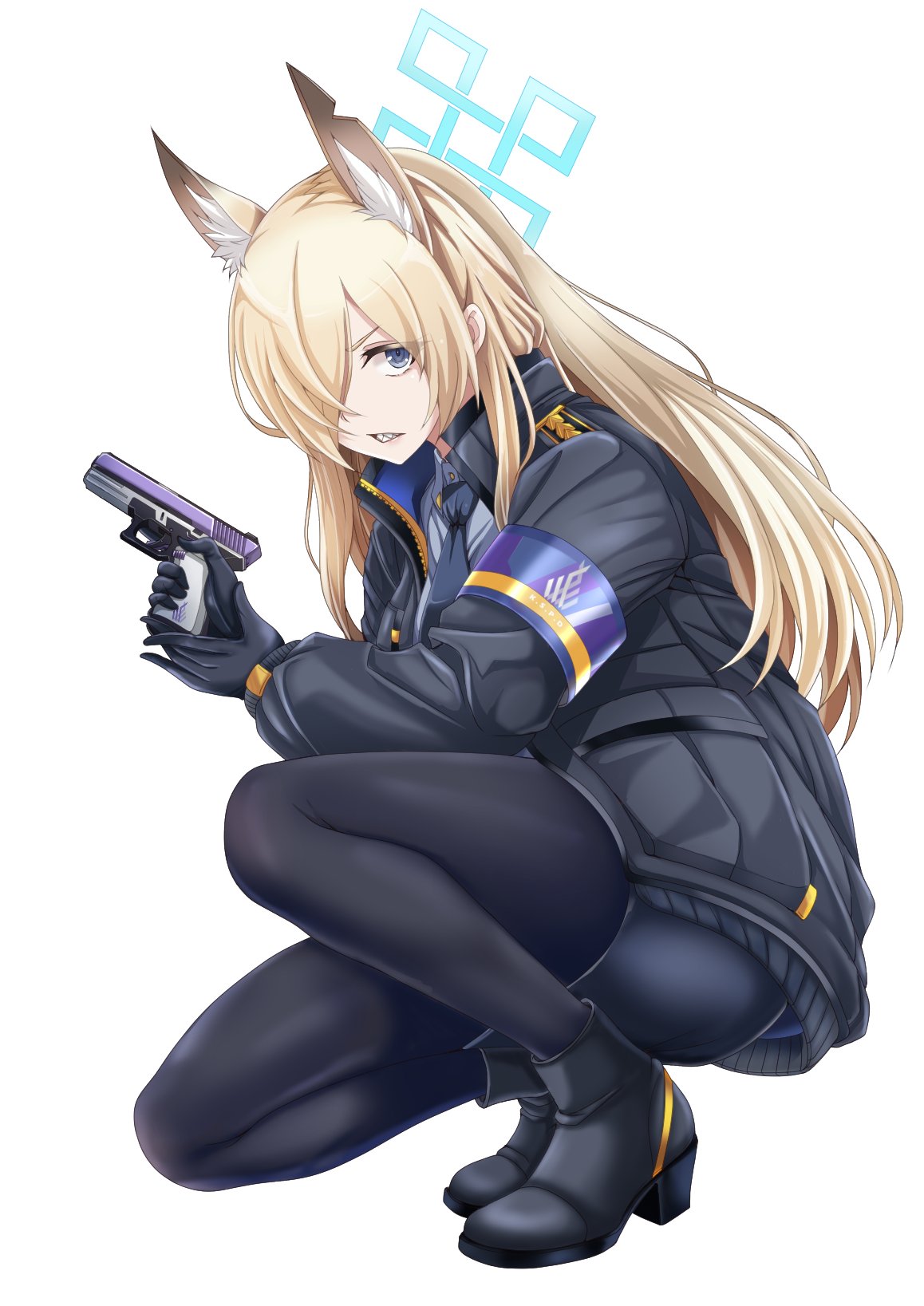 kuga zankurou, kanna (blue archive), blue archive, commentary request, highres, 1girl, animal ear fluff, animal ears, armband, blonde hair, blue armband, blue eyes, blue halo, dog ears, dog girl, extra ears, hair over one eye, halo, jacket, long hair, notched ear, pantyhose, police, police uniform, policewoman, sharp teeth, solo, teeth