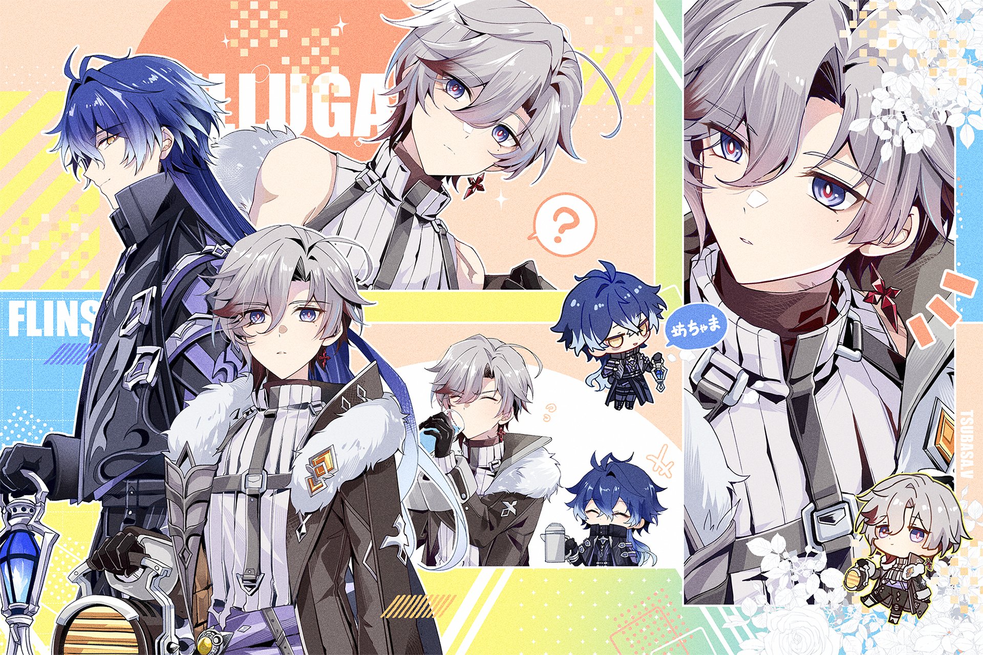 flywinga7, flins (genshin impact), illuga (genshin impact), genshin impact, commentary request, highres, 2boys, ?, ahoge, black gloves, blue eyes, blue hair, chibi, closed mouth, earrings, fur trim, gloves, holding, holding lamp, holding lantern, jewelry, lamp, lantern, long sleeves, male focus, mole, mole under eye, multiple boys, single earring, teeth, yellow eyes