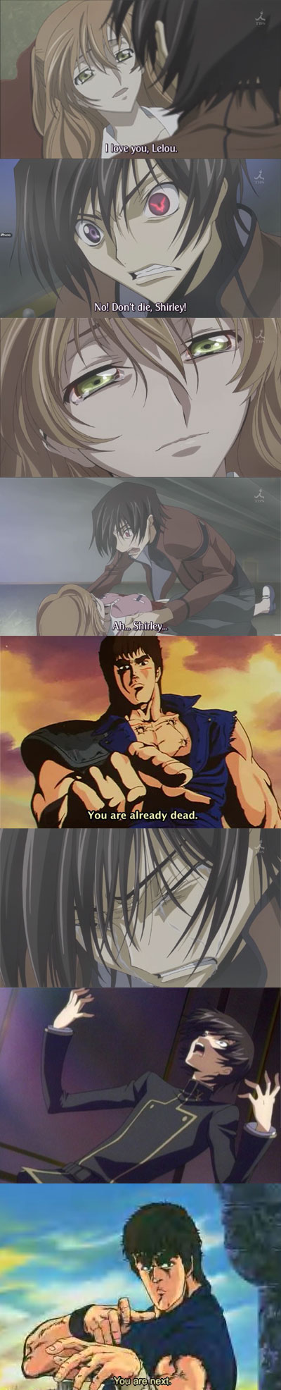kenshiro, lelouch vi britannia, shirley fenette, code geass, hokuto no ken, anime screenshot, highres, long image, non-web source, spoilers, tall image, 1girl, 2boys, black hair, brown hair, death, fansub, green eyes, multiple boys, pointing, purple eyes, scar, you are already dead