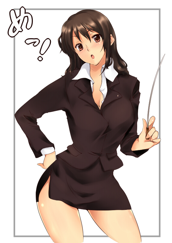 warabino matsuri, morishima haruka, amagami, translated, 1girl, aged up, black hair, blush, breasts, female focus, formal clothes, hand on own hip, head tilt, hip focus, large breasts, leaning, miniskirt, open mouth, orange eyes, pencil skirt, pointer, side slit, skirt, skirt suit, solo, suit, teacher, thighs