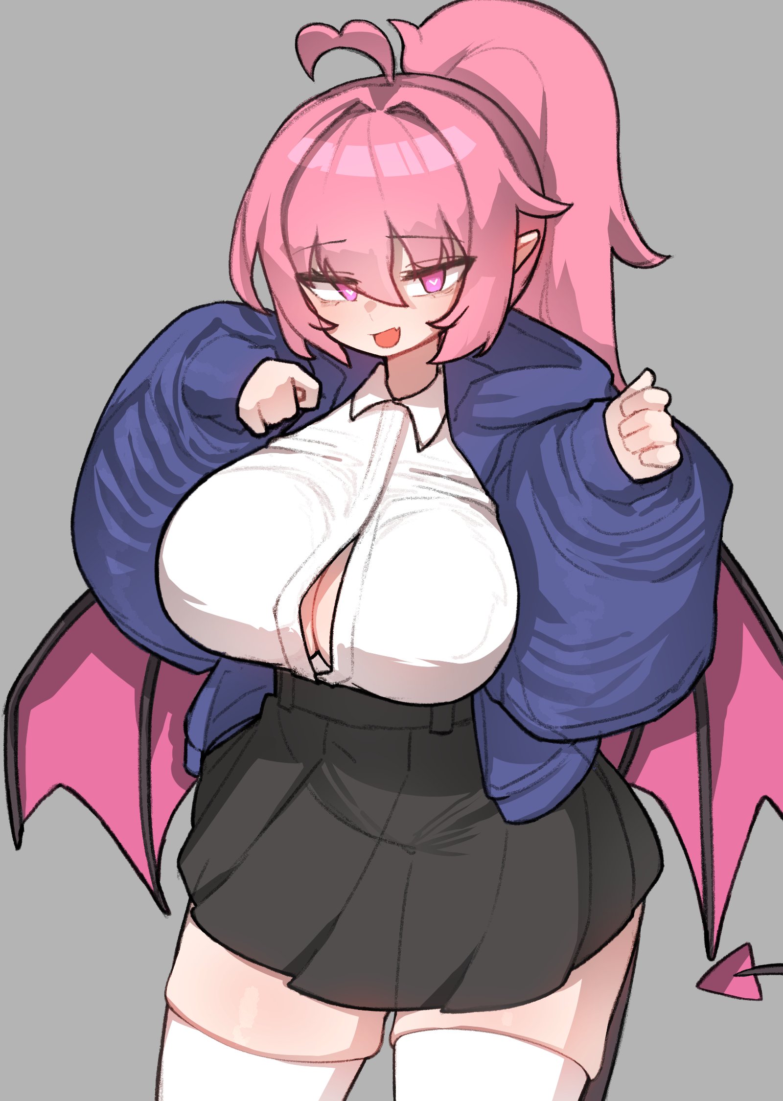 kim aendeo, original, highres, :d, ahoge, arms up, black skirt, black wings, blue hoodie, clenched hands, collared shirt, demon girl, demon tail, demon wings, double-parted bangs, fang, grey background, hair between eyes, hair intakes, head tilt, heart, heart-shaped pupils, high ponytail, hood, hoodie, looking at viewer, open clothes, open hoodie, open mouth, partially open shirt, pink hair, pink wings, pleated skirt, pointy ears, ponytail, shirt, sidelocks, simple background, skin fang, skindentation, skirt, sleeves past wrists, smile, standing, swept bangs, symbol-shaped pupils, tail, thick thighs, thighhighs, thighs, white shirt, white thighhighs, wide hips, wings