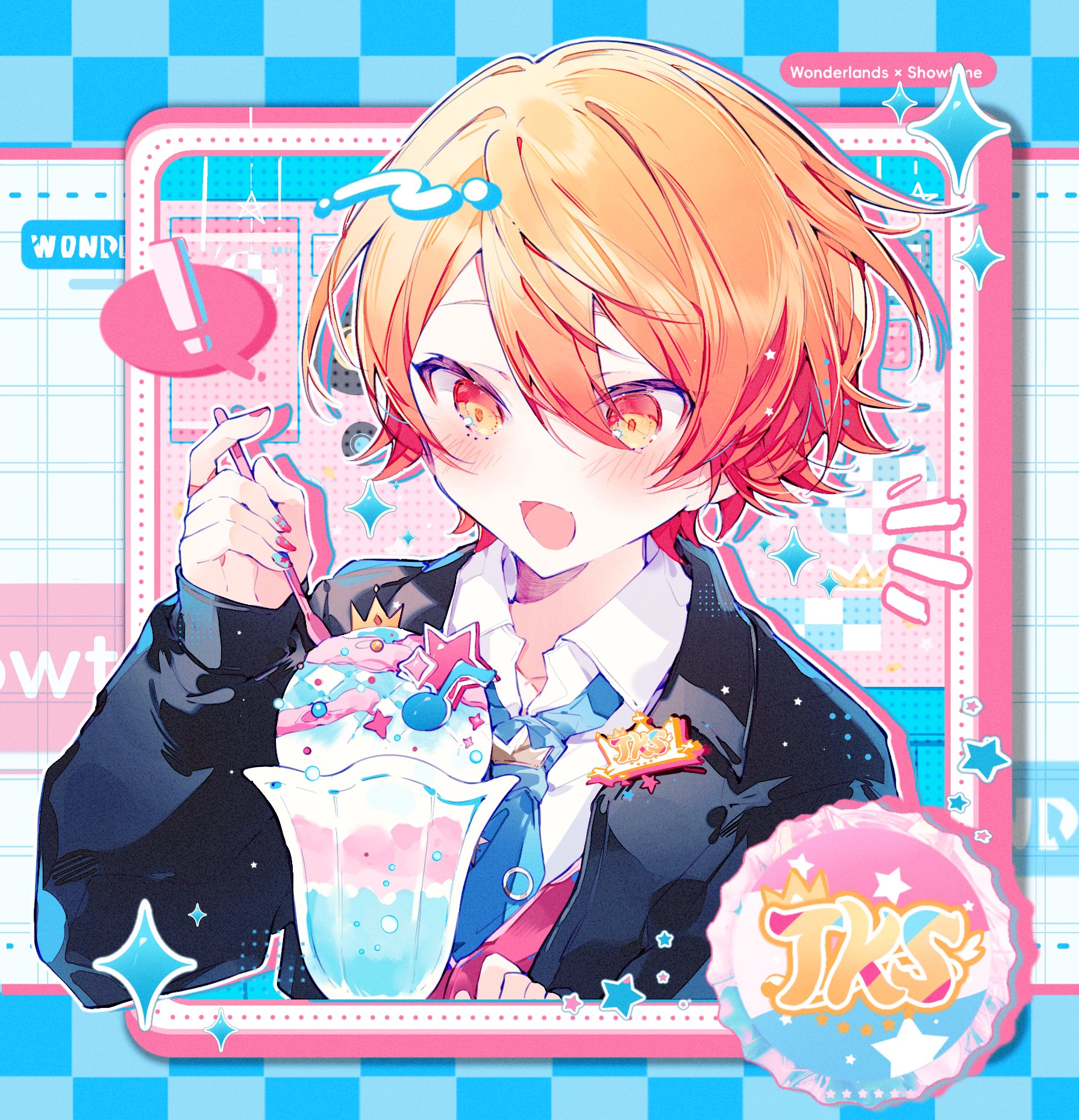 chulixun1, tenma tsukasa, project sekai, commentary, highres, symbol-only commentary, !, 1boy, :d, black jacket, blush, food, holding, holding spoon, ice cream, jacket, long sleeves, looking at food, male focus, nail polish, necktie, open mouth, smile, solo, sparkle, spoon