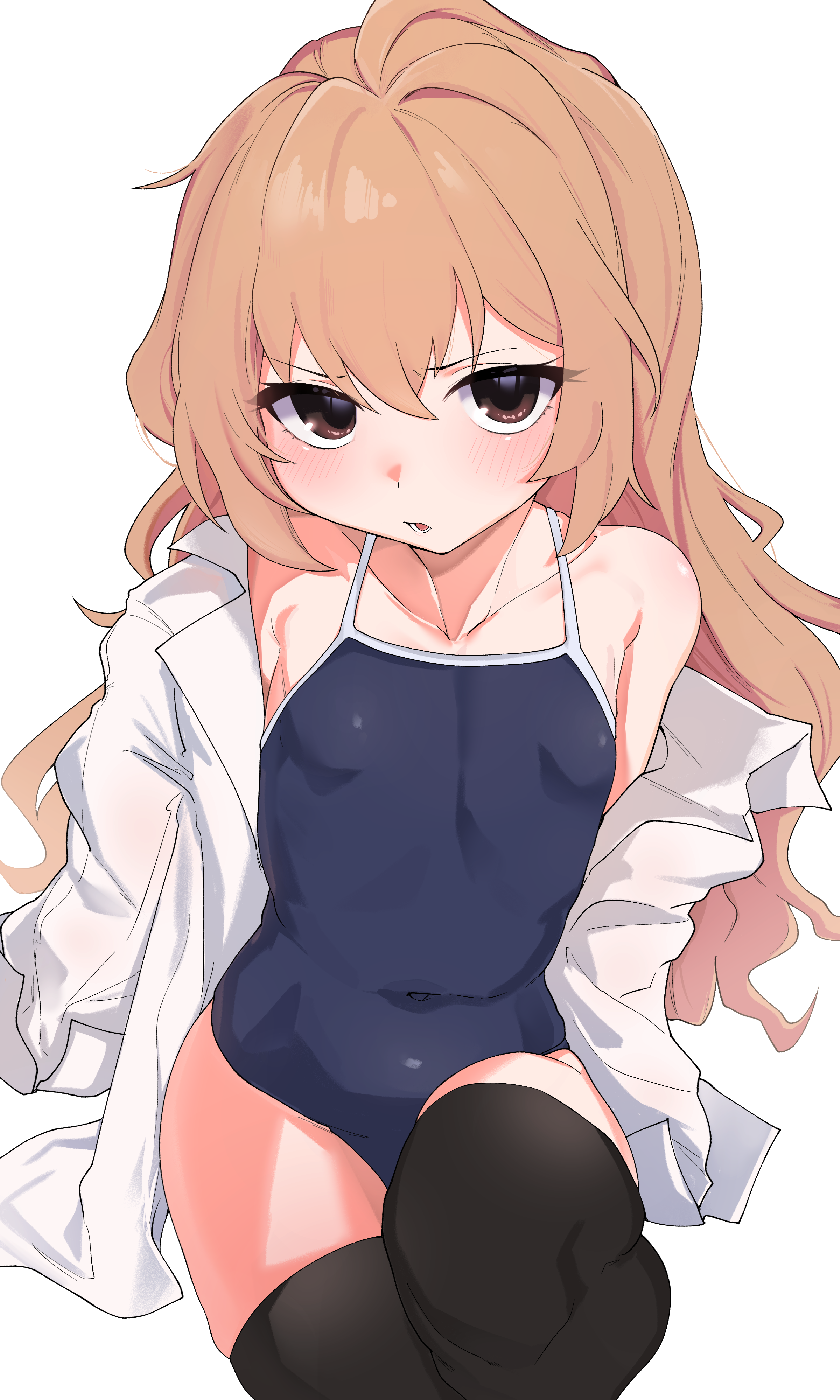 rinki (rink2), aisaka taiga, toradora!, absurdres, commentary, highres, 1girl, black thighhighs, blue one-piece swimsuit, blush, breasts, brown eyes, brown hair, collarbone, competition school swimsuit, hair between eyes, long sleeves, looking at viewer, one-piece swimsuit, open mouth, school swimsuit, shirt, shirt partially removed, sidelocks, simple background, sitting, small breasts, solo, swimsuit, thighhighs, white background, white shirt