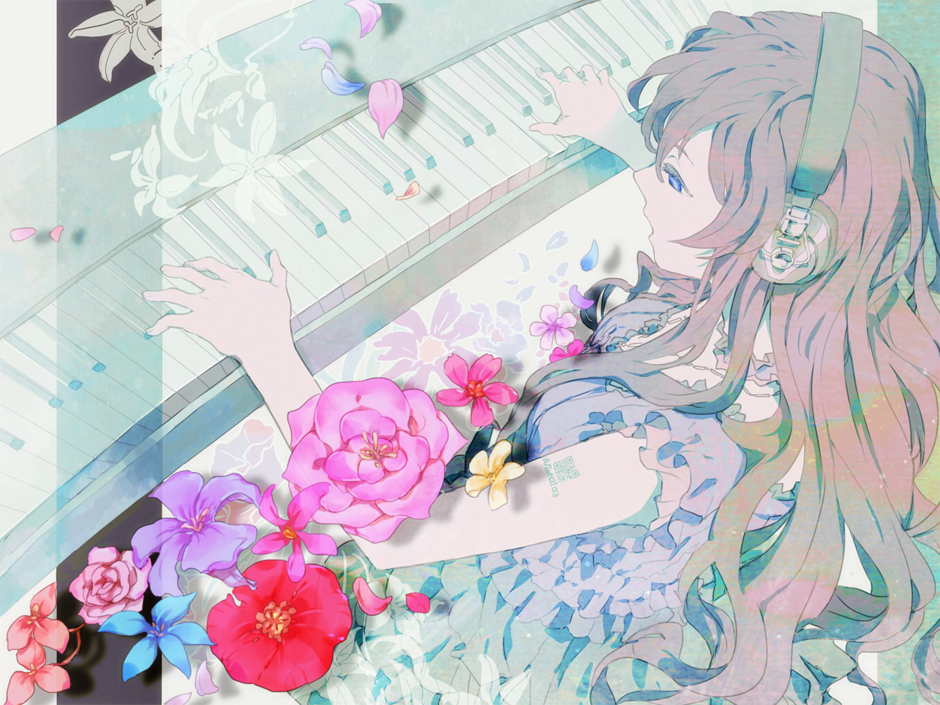 kazune (baumkuchen), megurine luka, vocaloid, 1girl, avtechno!, blue eyes, female focus, flower, headphones, instrument, long hair, pale color, petals, piano, pink hair, solo