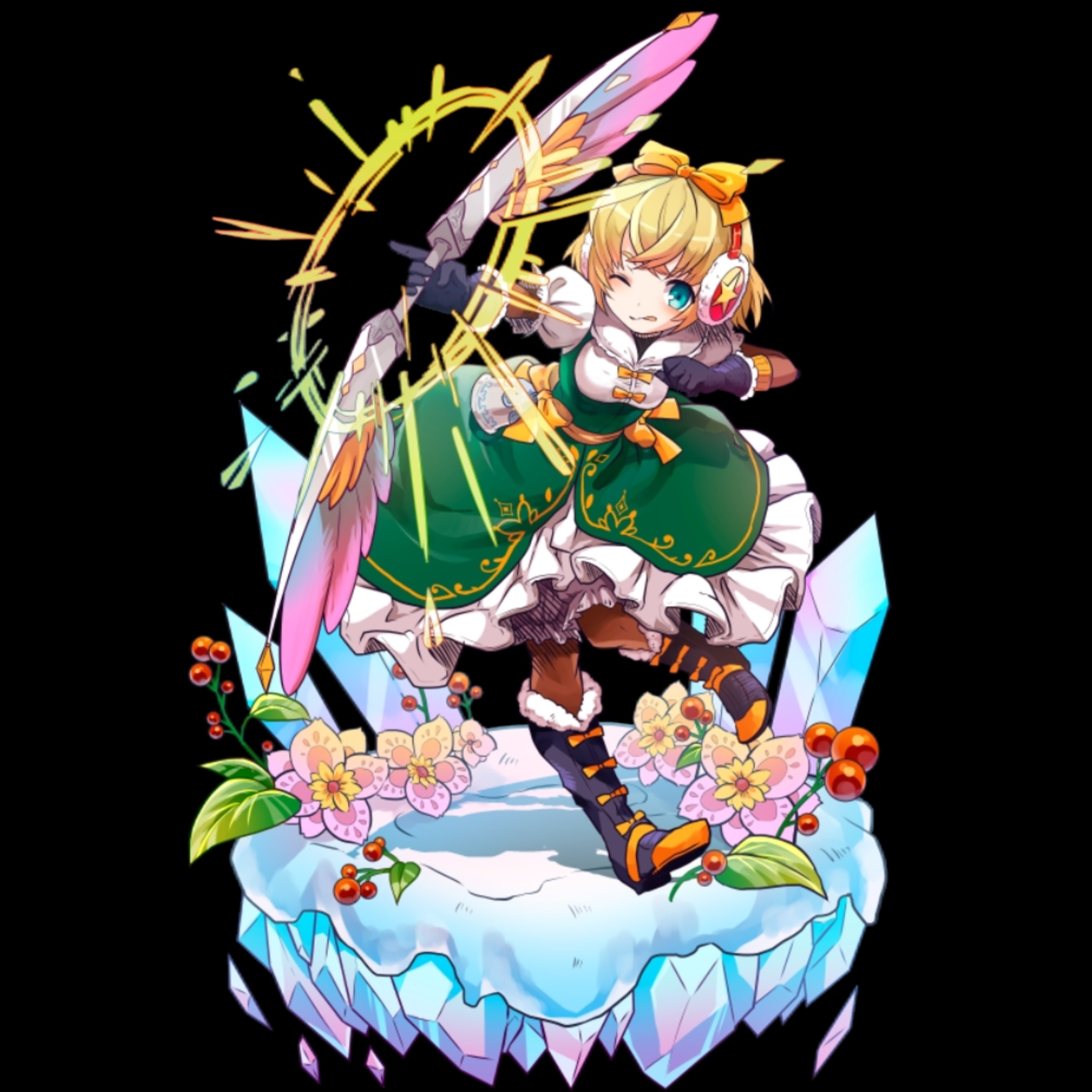 merc storia art team, merc storia, highres, official art, 1girl, aiming, anemone (merc storia), aqua eyes, bell, black background, black gloves, blonde hair, blue boots, boots, bow, bow (weapon), closed mouth, crossed bangs, crystal, dress, earmuffs, firing, flower, full body, gloves, green dress, hair bow, hands up, holding, holding bow (weapon), holding weapon, leaf, leaning forward, licking lips, one eye closed, pink flower, pointing, puffy short sleeves, puffy sleeves, short hair, short sleeves, simple background, solo, standing, standing on one leg, tachi-e, tongue, tongue out, weapon, yellow bow