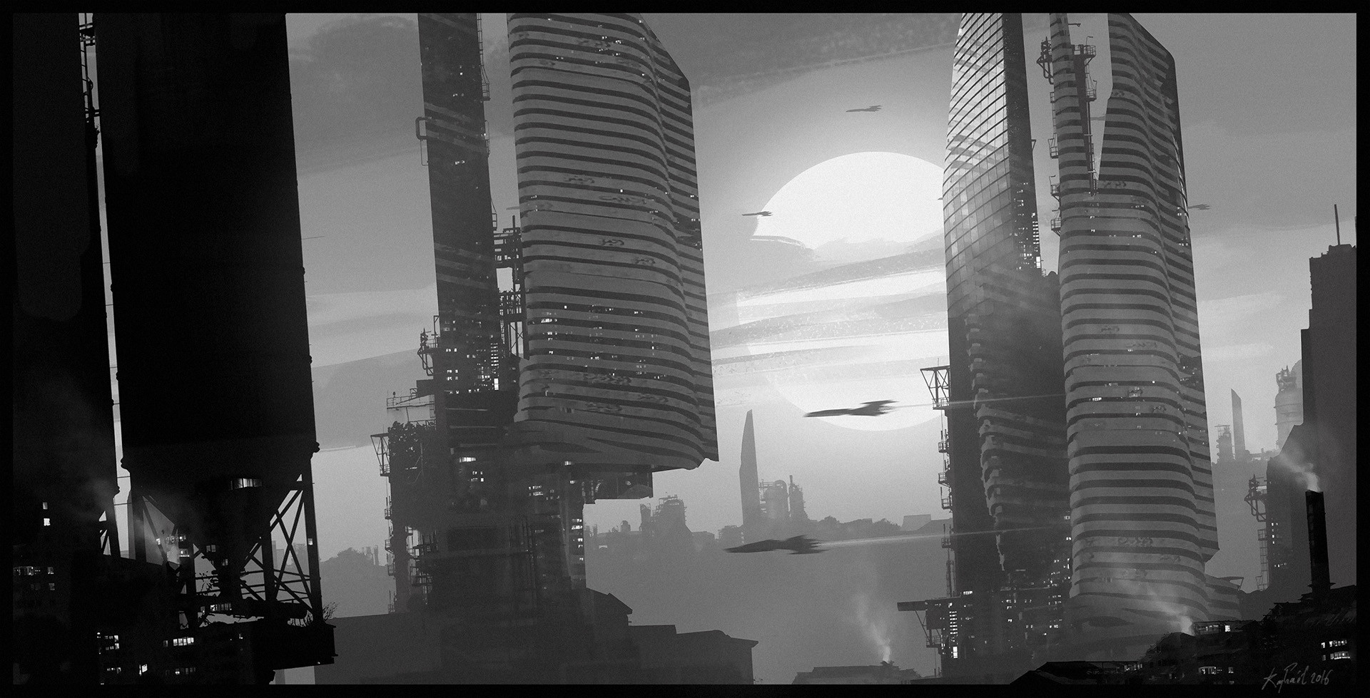 raphael-lacoste, original, bad link, commentary, english commentary, highres, city lights, cityscape, cloud, greyscale, monochrome, moon, night, outdoors, painterly, scenery, science fiction, signature, smoke, smokestack, spacecraft, tower, water tower