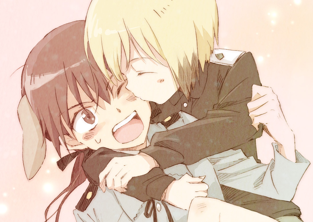 agahari, erica hartmann, gertrud barkhorn, strike witches, world witches series, uniform, 2girls, animal ears, blonde hair, brown eyes, brown hair, hug, kiss, multicolored hair, multiple girls, one eye closed, open mouth, two-tone hair, wink, yuri