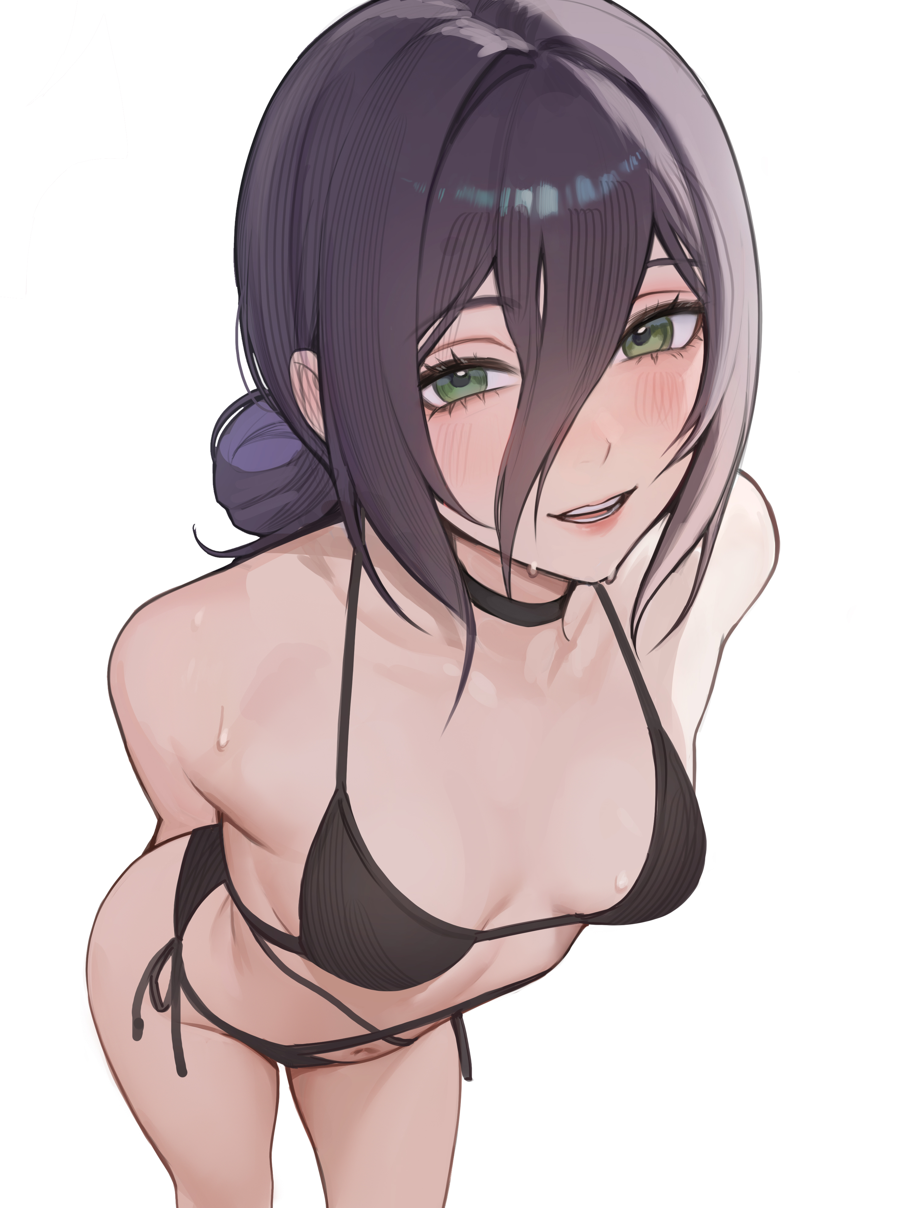 quilm, reze (chainsaw man), chainsaw man, absurdres, commentary, highres, paid reward available, 1girl, arms behind back, bikini, black bikini, black choker, blush, breasts, choker, from above, green eyes, hair between eyes, looking at viewer, navel, parted lips, purple eyes, side-tie bikini bottom, simple background, small breasts, solo, swimsuit, white background