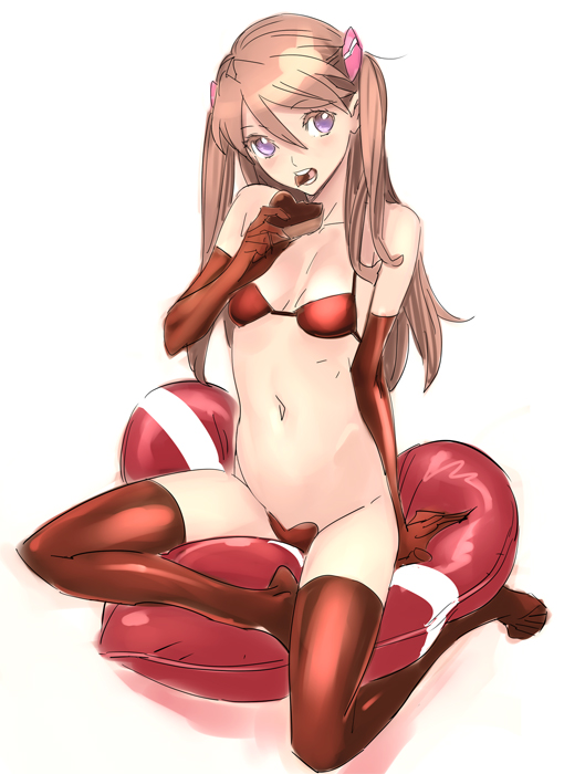 nishieda, souryuu asuka langley, neon genesis evangelion, 1girl, bikini, brown hair, chocolate, elbow gloves, female focus, gloves, heart, legs, purple eyes, red bikini, simple background, solo, swimsuit, thighhighs, twintails, two side up, valentine