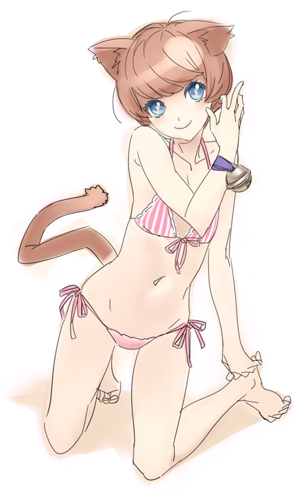 nishieda, original, 1girl, animal ears, bell, bikini, blue eyes, brown hair, cat ears, cat tail, female focus, front-tie top, jingle bell, legs, short hair, side-tie bikini bottom, simple background, smile, solo, swimsuit, tail