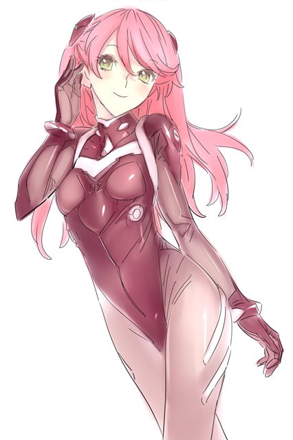 nishieda, souryuu asuka langley, neon genesis evangelion, 1girl, alternate color, alternate hair color, female focus, mecha pilot suit, pink hair, plugsuit (evangelion), simple background, solo, twintails