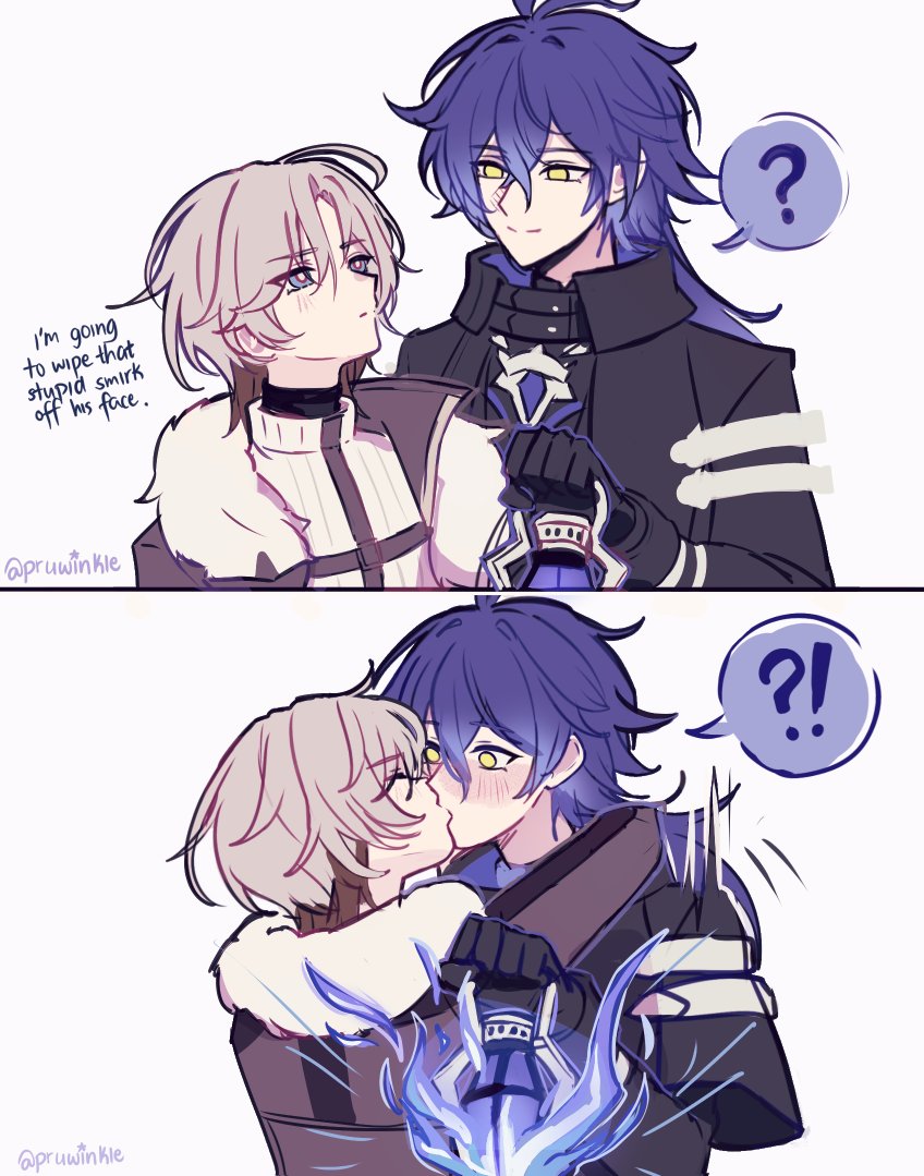 pruwinkle, flins (genshin impact), illuga (genshin impact), genshin impact, commentary, english commentary, 2boys, black gloves, blue hair, blush, closed eyes, closed mouth, fur trim, gloves, height difference, holding, holding lantern, kiss, lantern, male focus, multiple boys, smile, split screen, surprised, turtleneck, watermark, wide-eyed, yaoi, yellow eyes