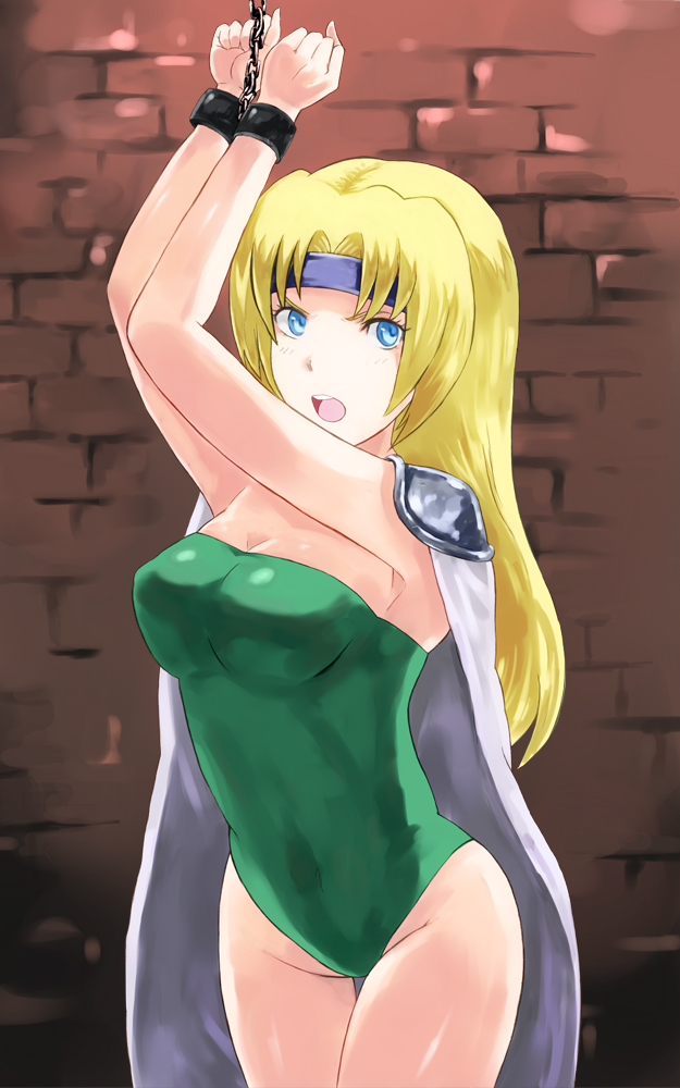 jyairo, celes chere, final fantasy, final fantasy vi, 1990s (style), 1girl, arms up, bdsm, blonde hair, blue eyes, bondage, bound, breasts, cape, dungeon, female focus, headband, leotard, long hair, open mouth, prison, shoulder pads, solo