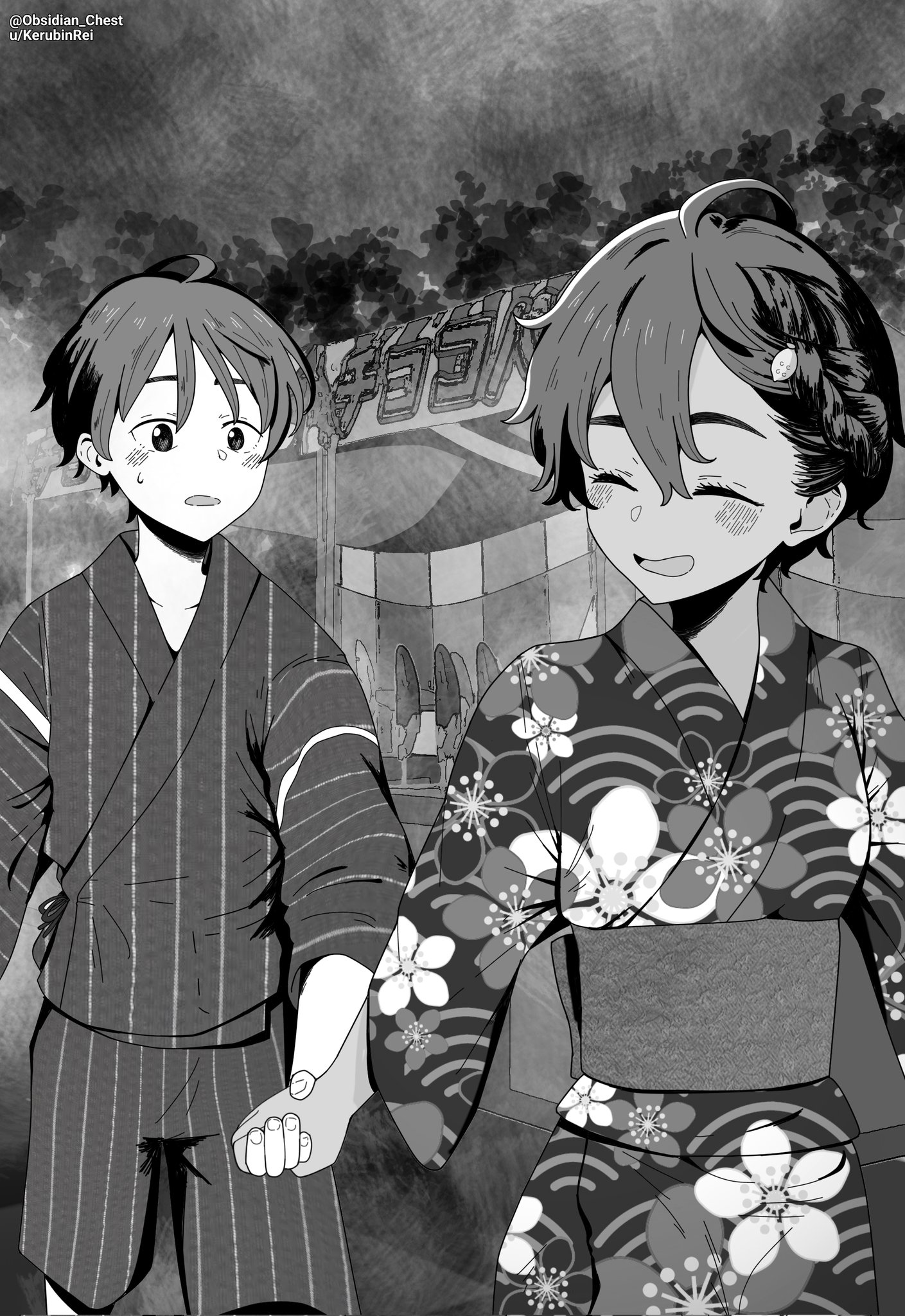 nukumizu kazuhiko, yakishio lemon, make heroine ga oo sugiru!, commentary, english commentary, highres, 1boy, 1girl, ahoge, black hair, blush, chocolate-covered food, chocolate banana, closed eyes, floral print, floral print kimono, food-themed hair ornament, hair ornament, hand grab, japanese clothes, jinbei (clothes), kimono, lemon hair ornament, looking at hand, market stall, monochrome, obsidian chest, open mouth, print kimono, short hair, striped clothes, summer festival, yukata