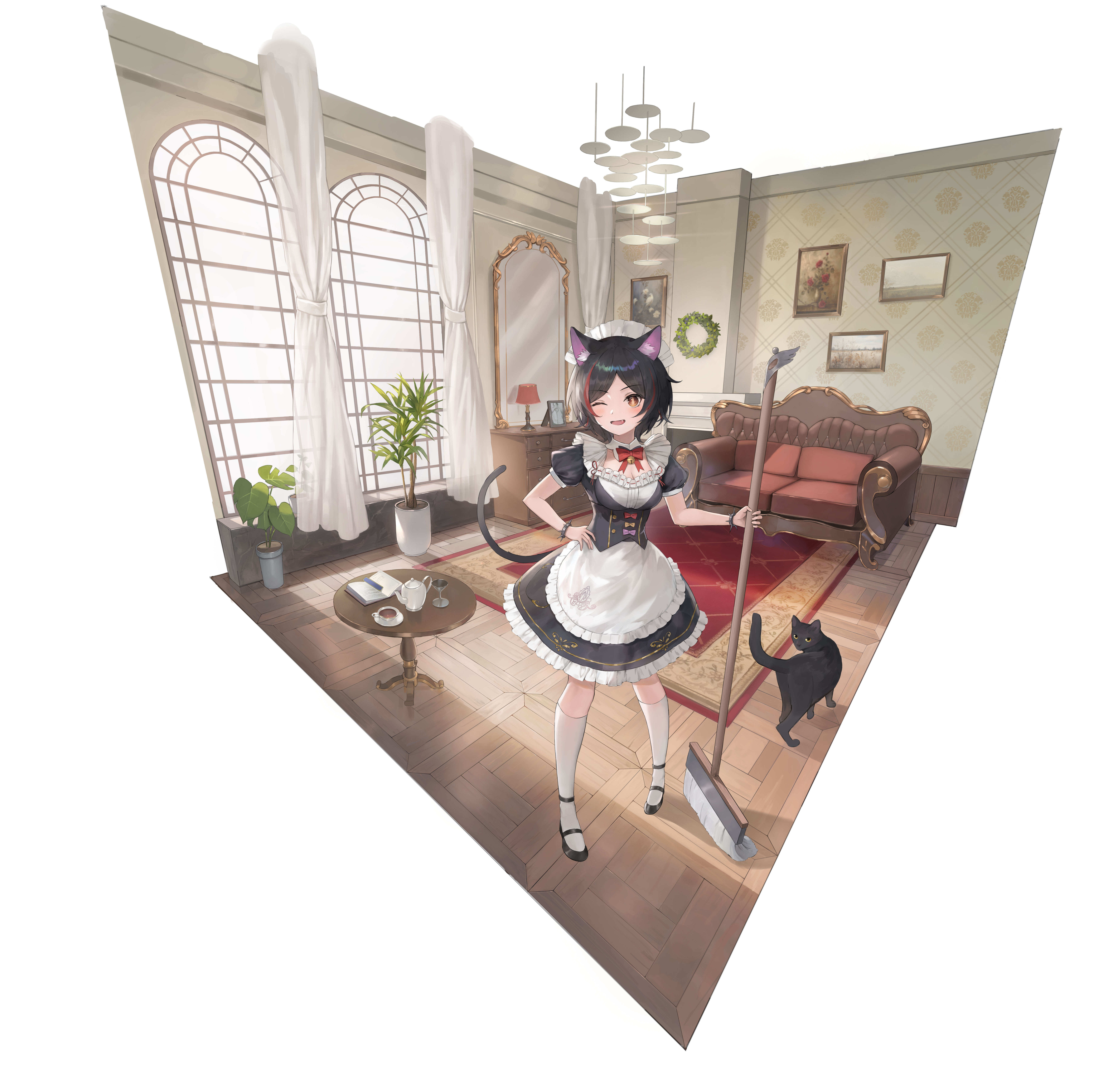 cost (kftf4582), 1girl, animal ear fluff, animal ears, apron, black dress, black hair, black shoes, bracelet, breasts, cat, cat ears, cat girl, cat tail, cleaning, cleavage, couch, cup, dress, fang, hand on own hip, indoors, jewelry, large breasts, looking at viewer, maid, maid apron, maid headdress, mop, neck bell, one eye closed, plant, red hair, red ribbon, ribbon, shoes, smilr, socks, spiked bracelet, spikes, tail, teacup, teapot, white socks, window, wink, yellow eyes