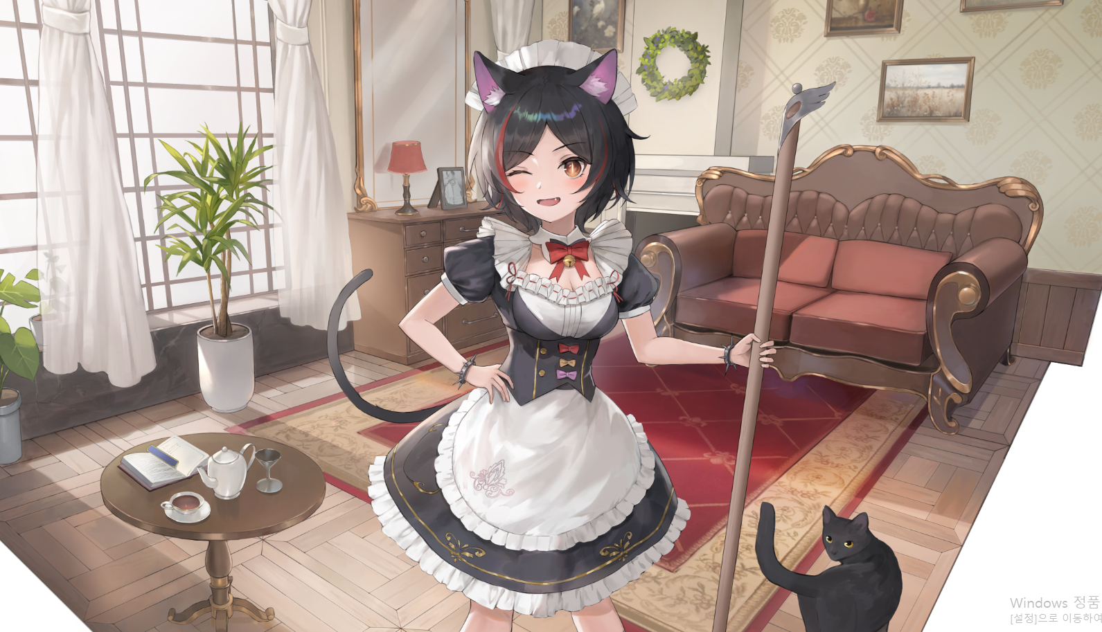 cost (kftf4582), 1girl, animal ear fluff, animal ears, apron, black dress, black hair, bracelet, breasts, cat, cat ears, cat girl, cat tail, cleaning, cleavage, couch, cup, dress, fang, hand on own hip, indoors, jewelry, large breasts, looking at viewer, maid, maid apron, maid headdress, neck bell, one eye closed, plant, red hair, red ribbon, ribbon, smilr, spiked bracelet, spikes, tail, teacup, teapot, window, wink, yellow eyes
