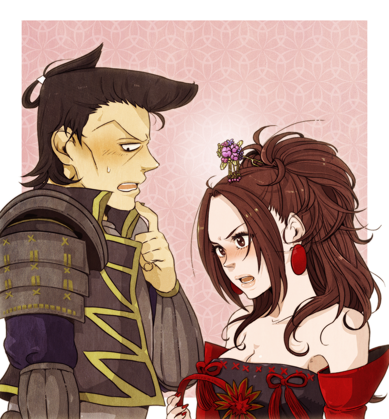 japano, fukushima masanori (sengoku musou), kai (sengoku musou), sengoku musou, sengoku musou 3, armor, bare shoulders, black hair, blush, breasts, brown eyes, brown hair, cleavage, detached sleeves, earrings, hair ornament, jewelry, long hair, short hair